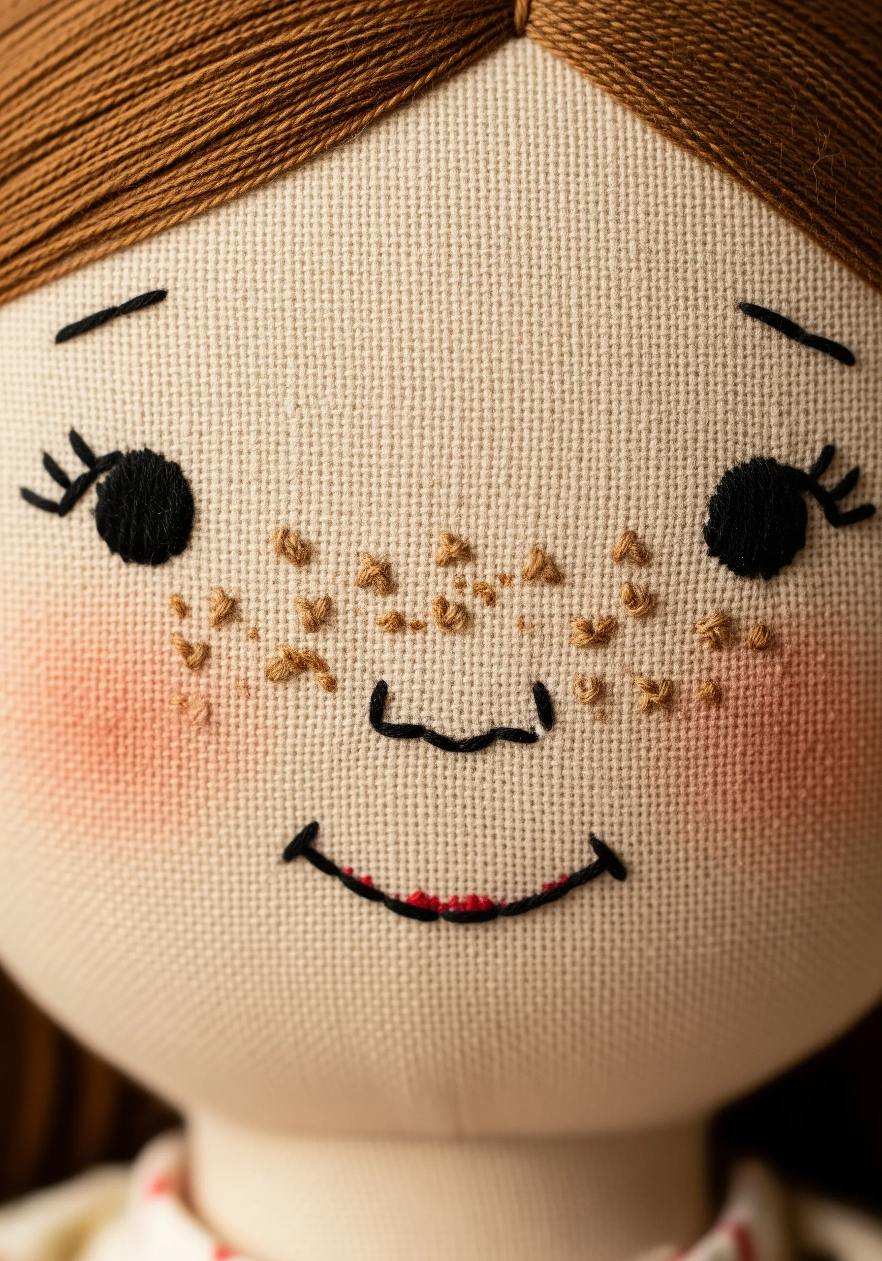A close-up of a cloth doll's face, with tiny embroidered French knot freckles.