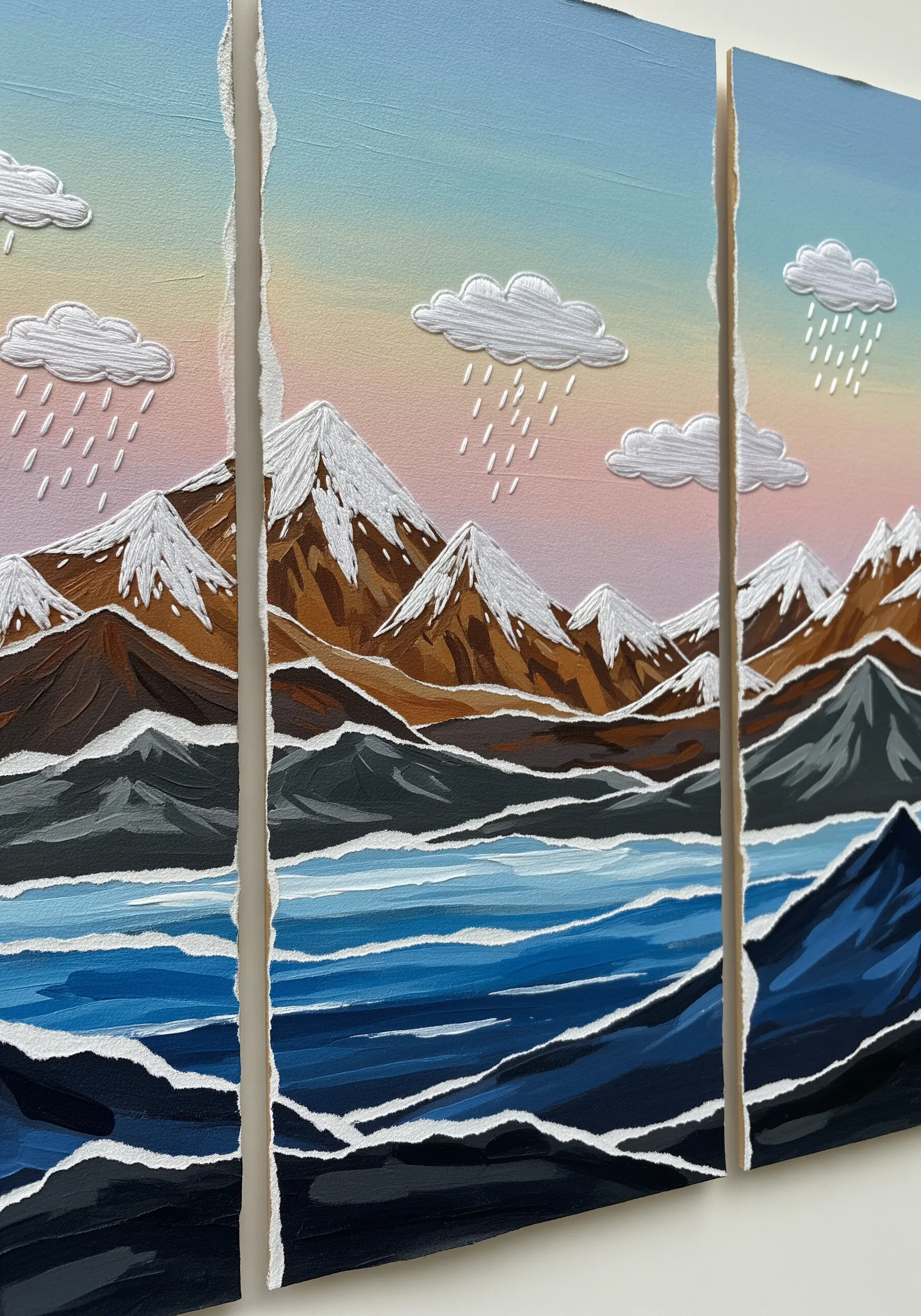 Painted landscape on torn paper panels with white embroidered clouds and rain.