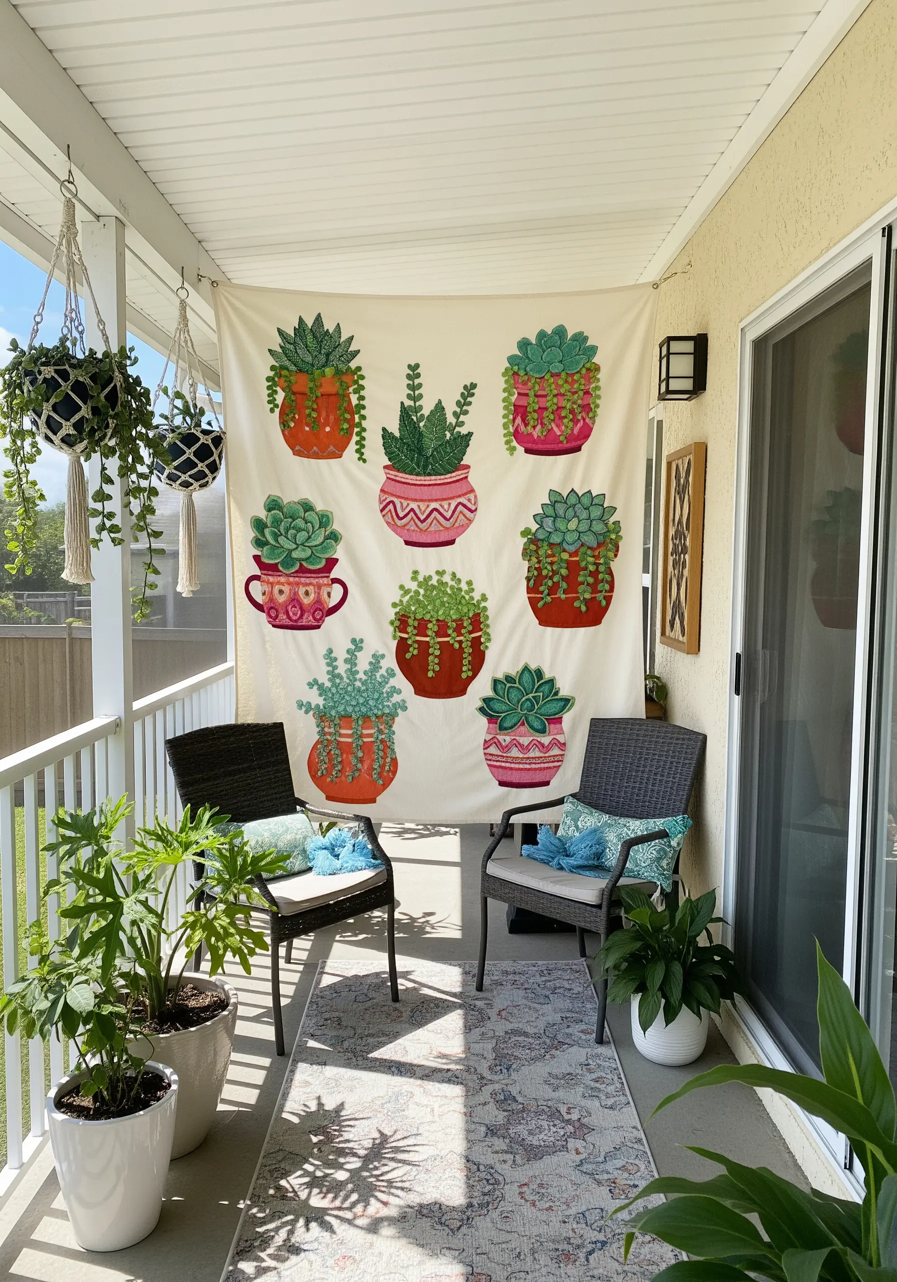 A large fabric banner with nine different embroidered succulents in colorful pots.