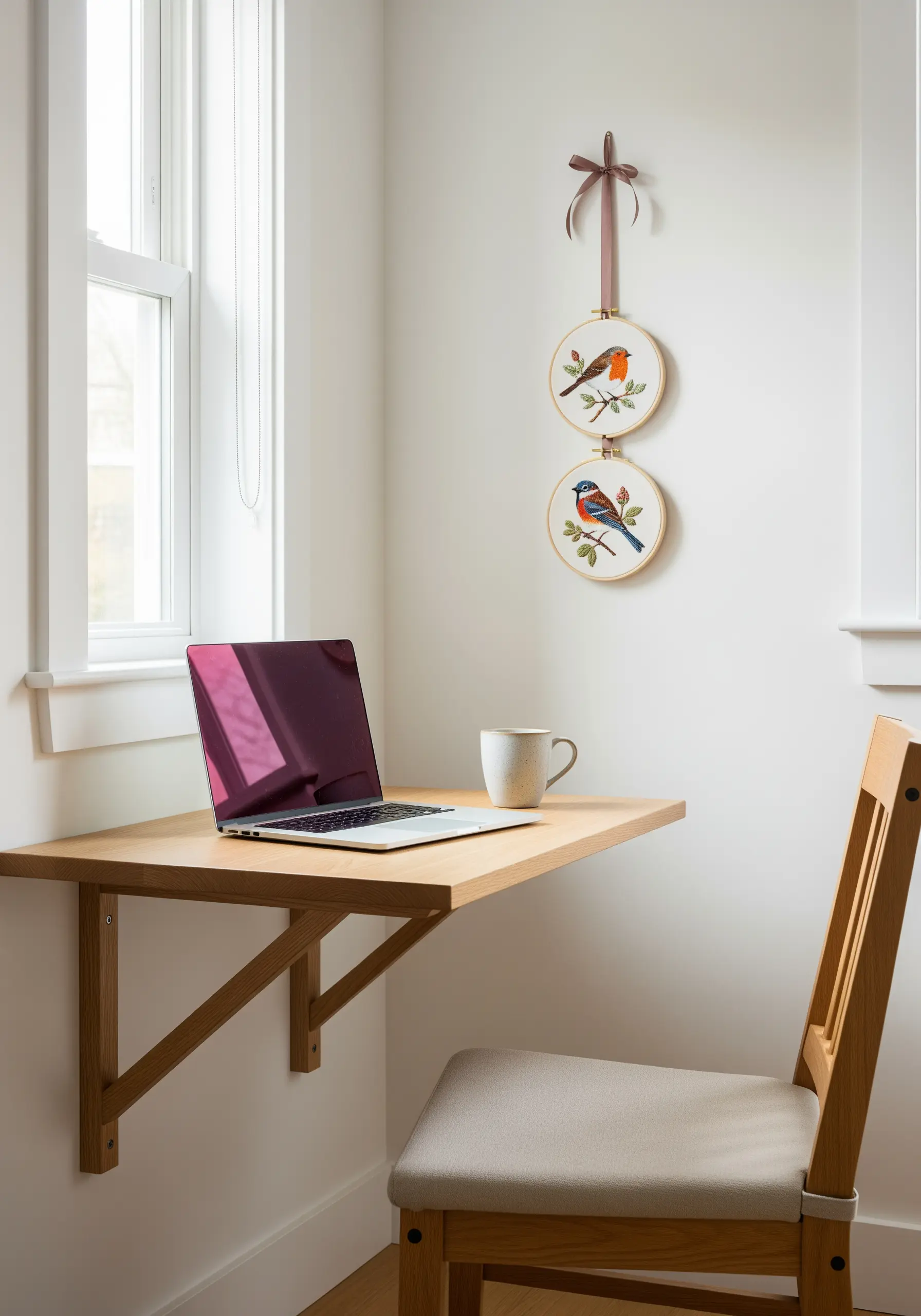 Two vertically stacked embroidery hoops featuring detailed bird motifs in a home office nook.