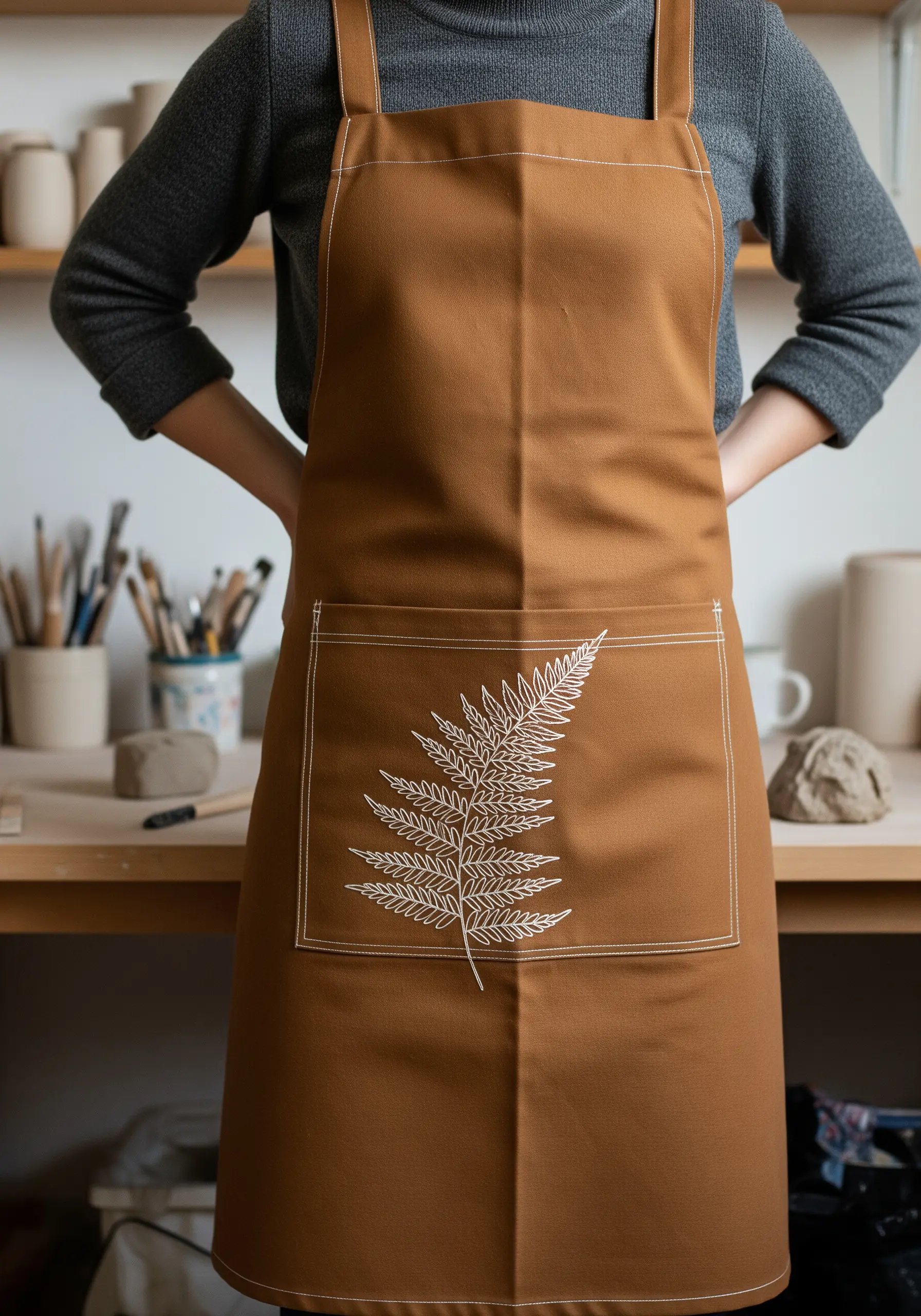 A delicate white line-art fern embroidered on the pocket of a brown canvas apron