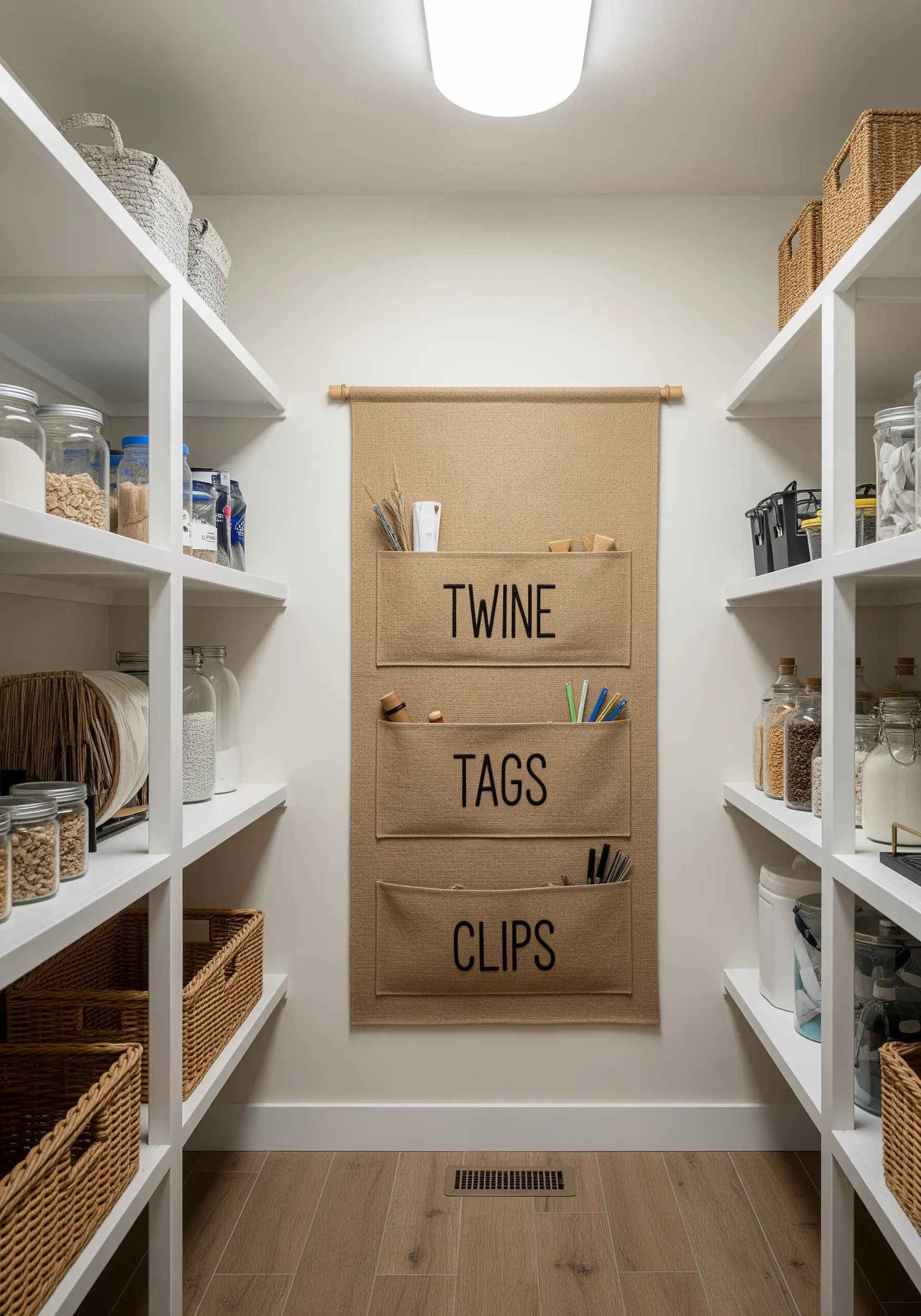 A hanging burlap organizer with three pockets labeled 'Twine,' 'Tags,' and 'Clips' in bold letters.