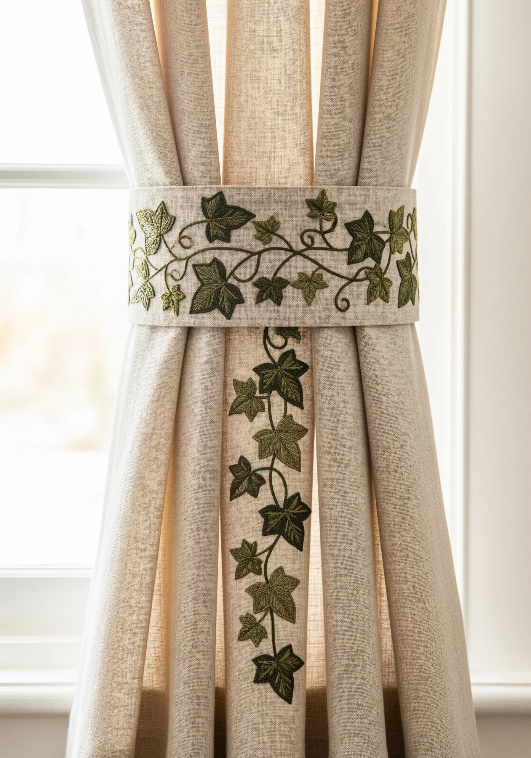 An embroidered curtain tie-back with satin-stitched ivy leaves in shades of green