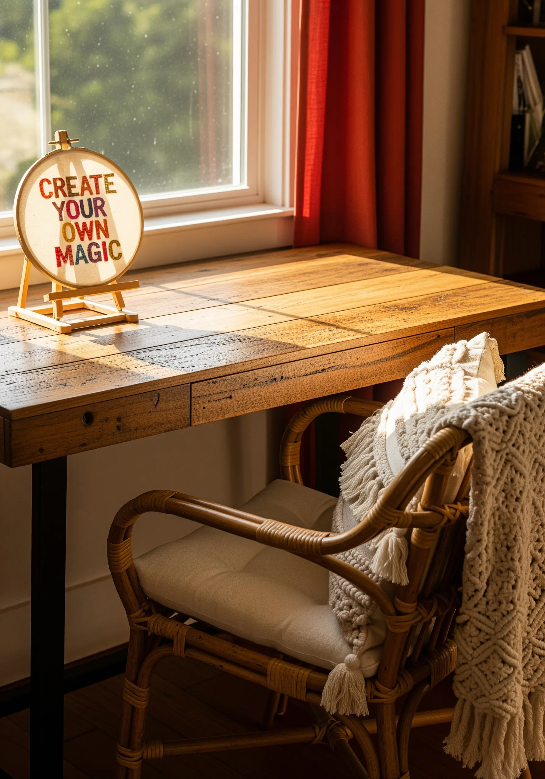 Embroidered 'Create Your Own Magic' quote in colorful block letters on a hoop stand.