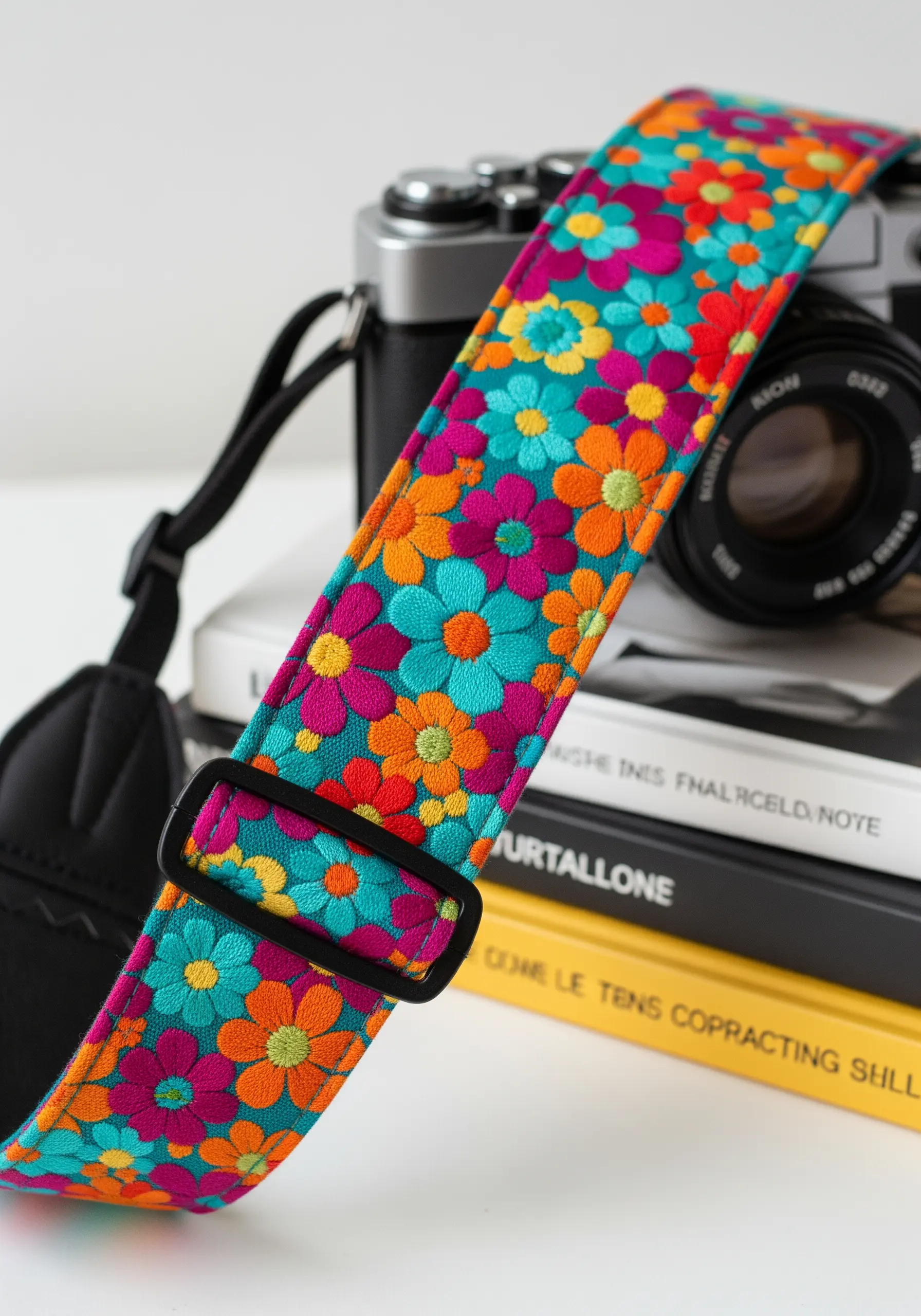 A colorful camera strap densely embroidered with retro-style flowers in shades of pink, blue, and orange.