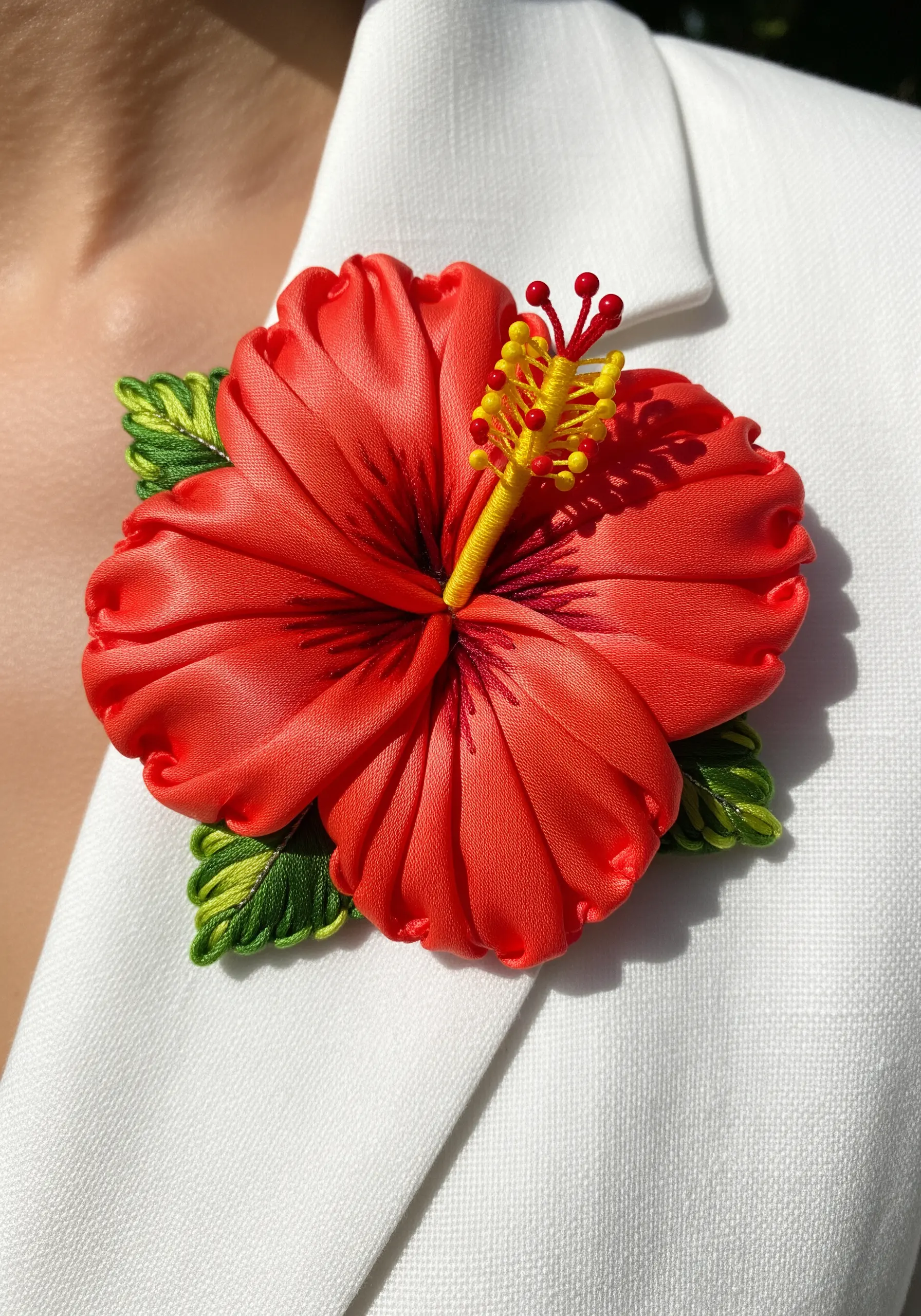 A bright red ribbon embroidery hibiscus flower made as a wearable brooch on a white jacket.