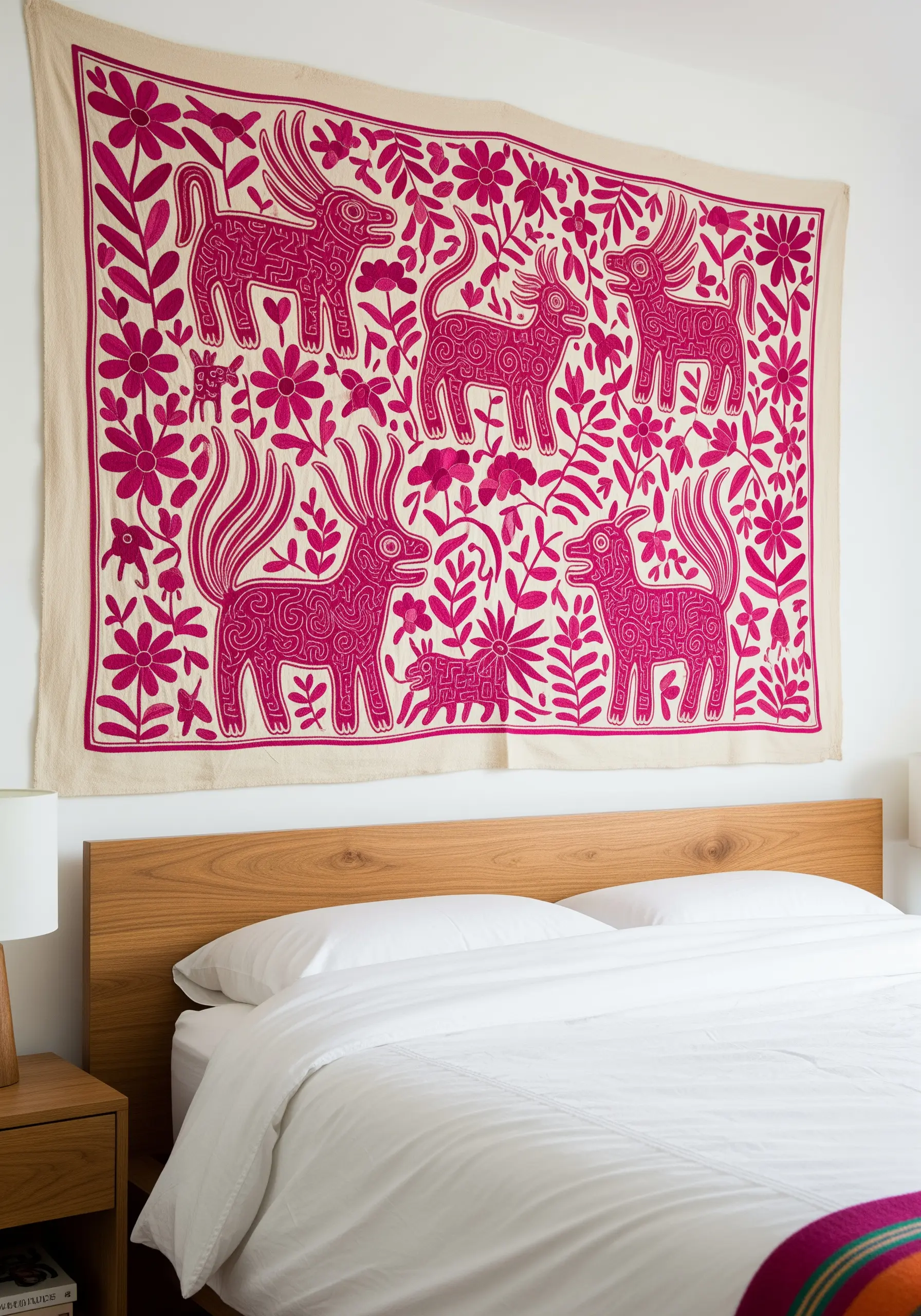 A large Otomi-style embroidery tapestry in magenta featuring stylized animals and flowers.