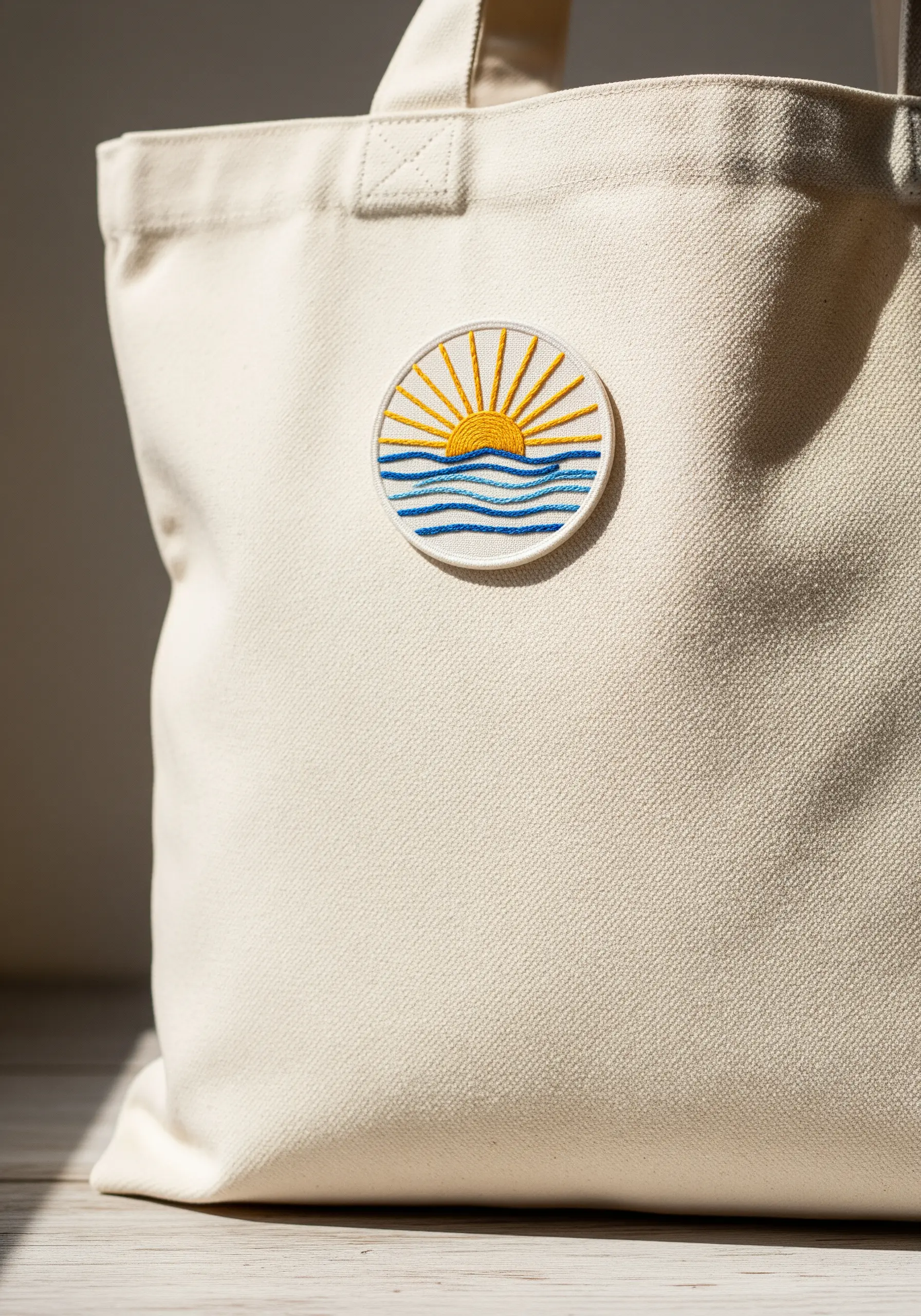 A circular embroidered patch of a sunrise over water, attached to a tote bag.