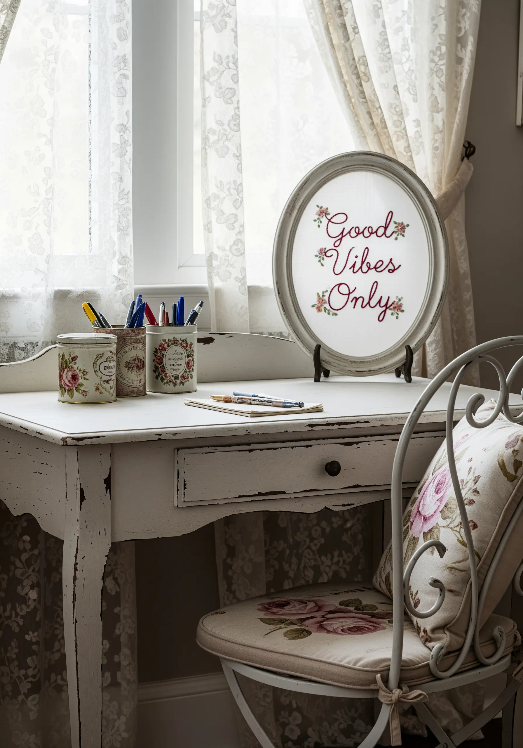 A 'Good Vibes Only' quote embroidered in script, accented with tiny pink roses.