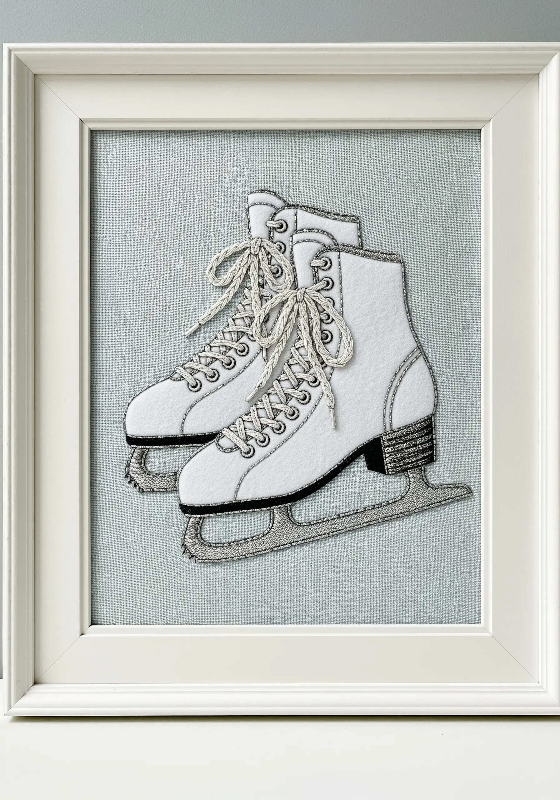 Framed artwork of white ice skates made from felt appliqué with fine embroidered details.