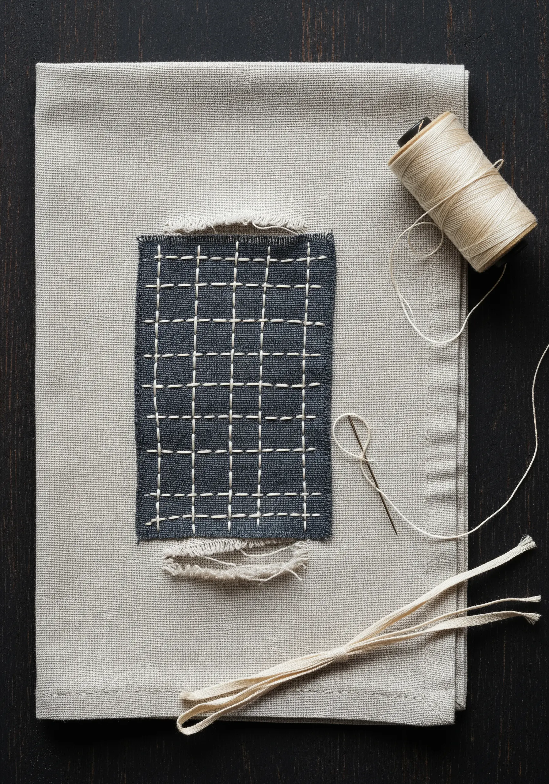 A dark fabric patch attached to a lighter fabric with a grid of white running stitches.