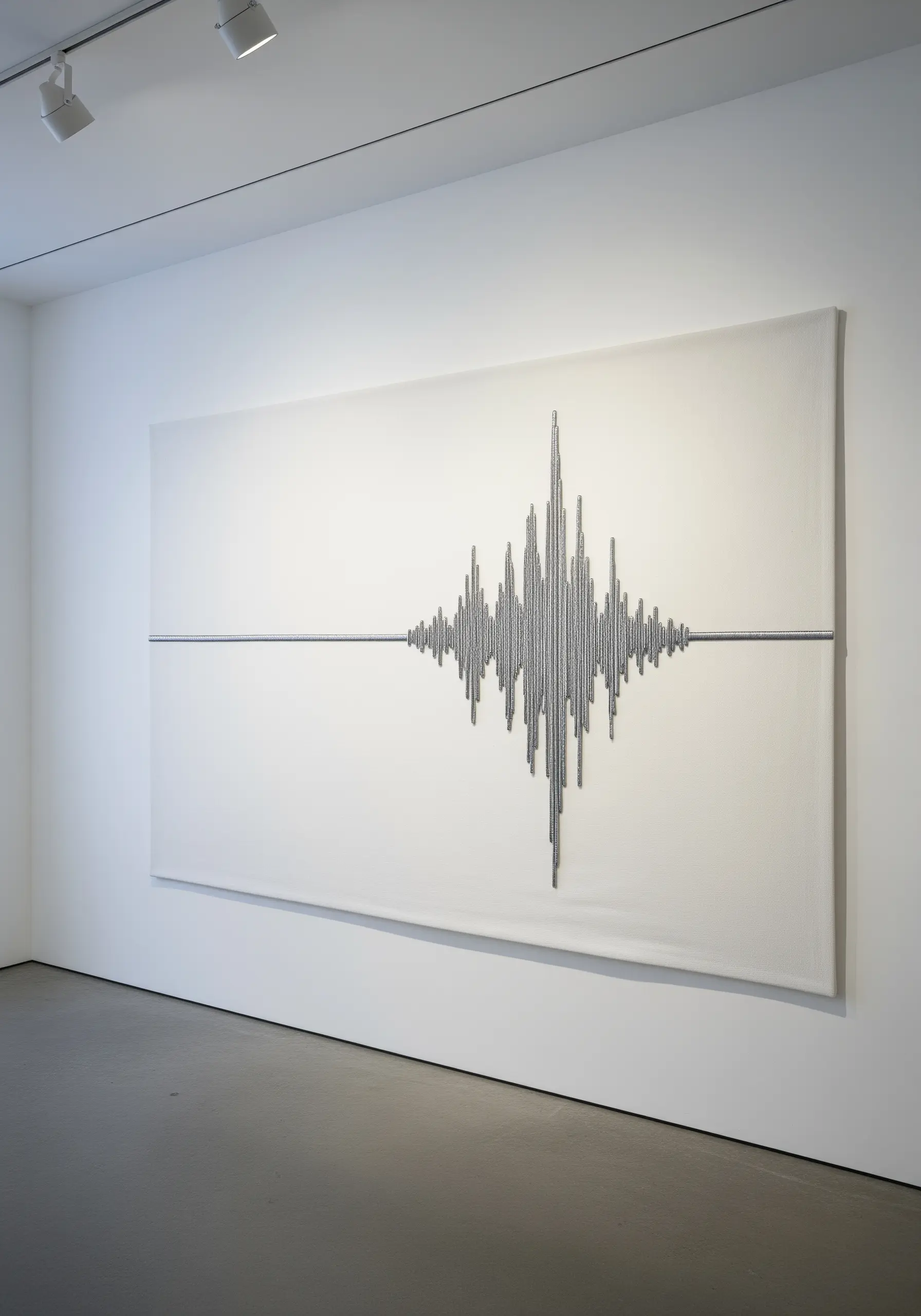 Minimalist wall art of a soundwave created with 3D padded satin stitch in silver metallic thread.