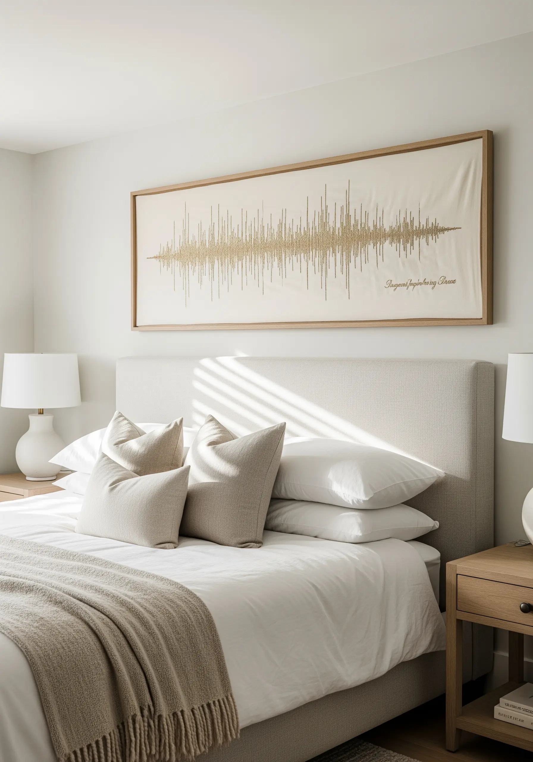 A sound wave embroidered in gold metallic thread across a wide, neutral linen canvas.