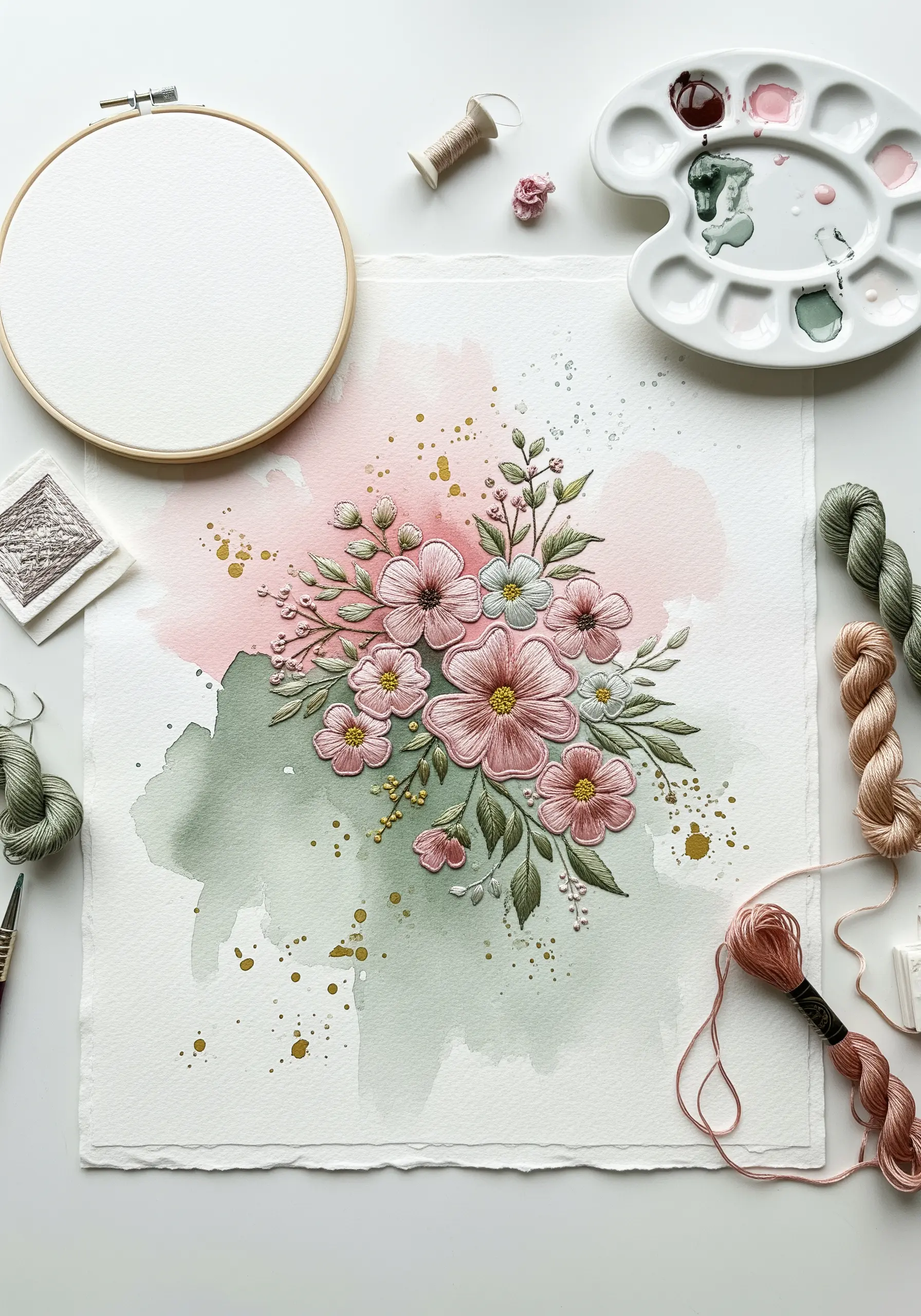 Floral embroidery with delicate outlines over a pink and green watercolor background.
