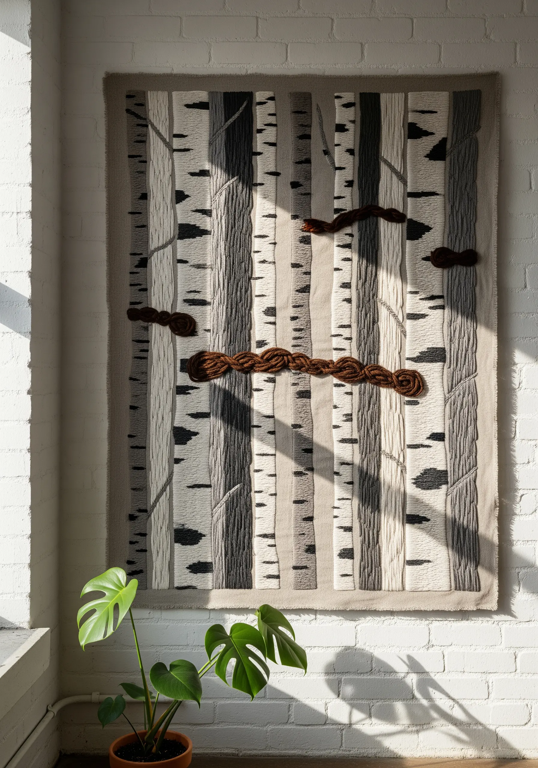 Large woven and embroidered wall hanging depicting a forest of birch trees.