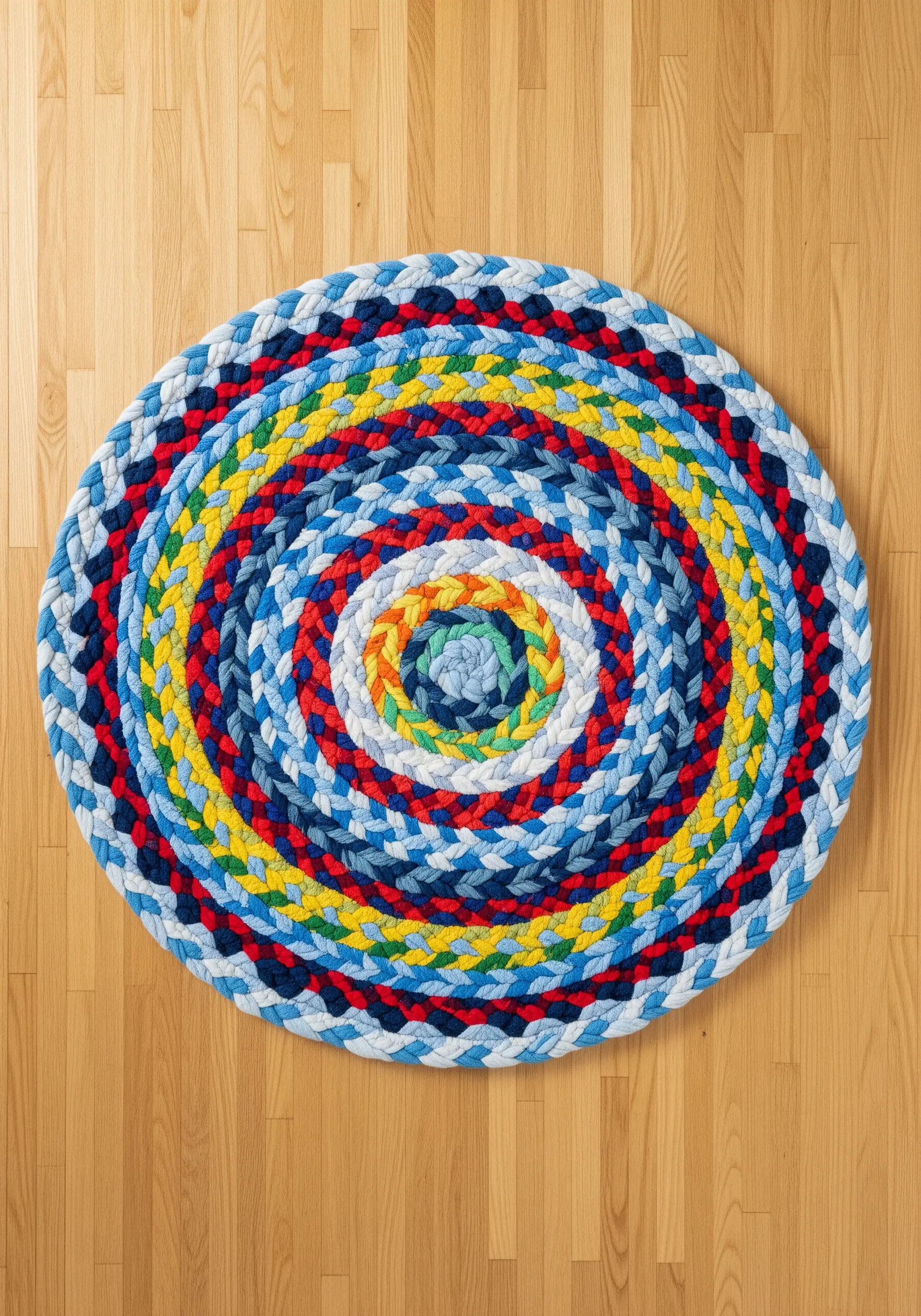 A colorful circular rug made from braided fabric strips on a wood floor.
