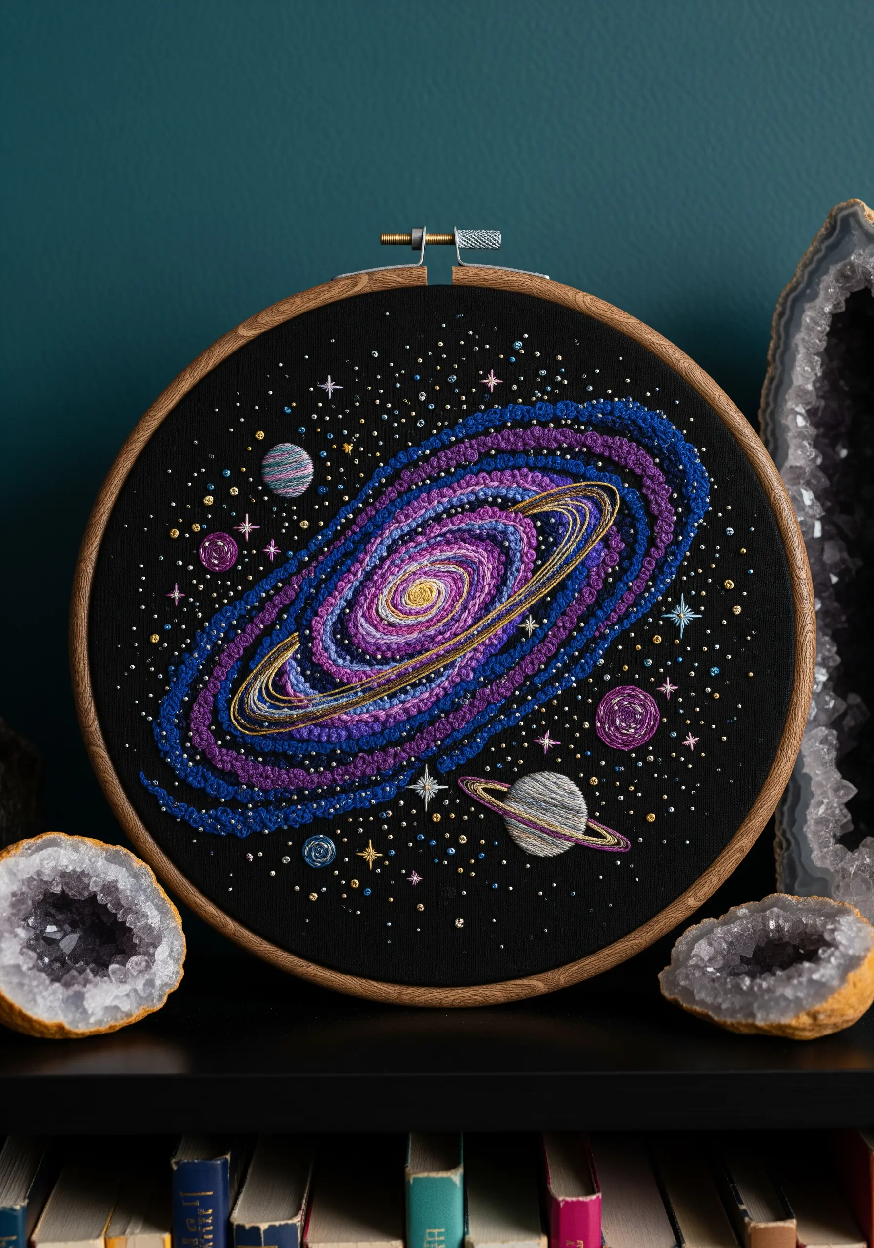 Embroidered galaxy with swirling colors and metallic stars in a wooden hoop.