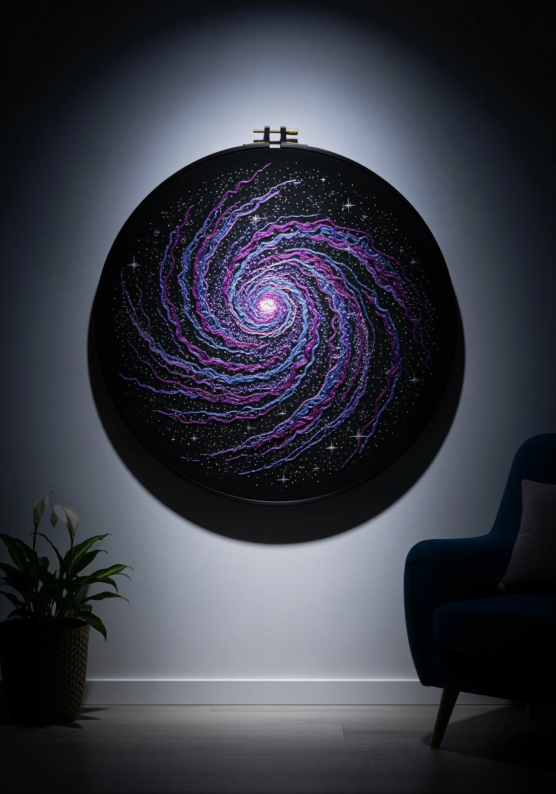 A large, dramatic embroidery of a spiral galaxy in purple and blue on black fabric.