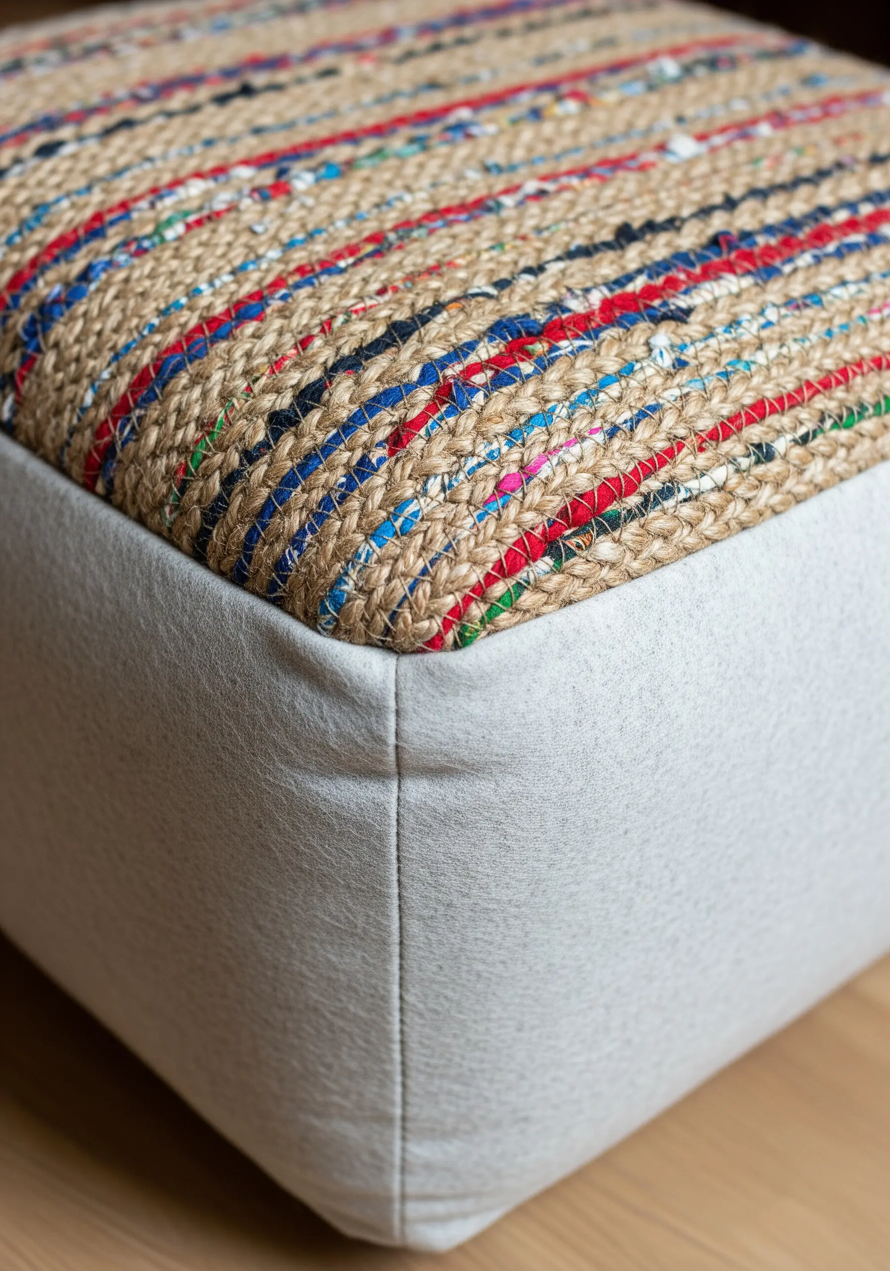 A close-up of a woven ottoman top made from natural jute and colorful strips of upcycled fabric.