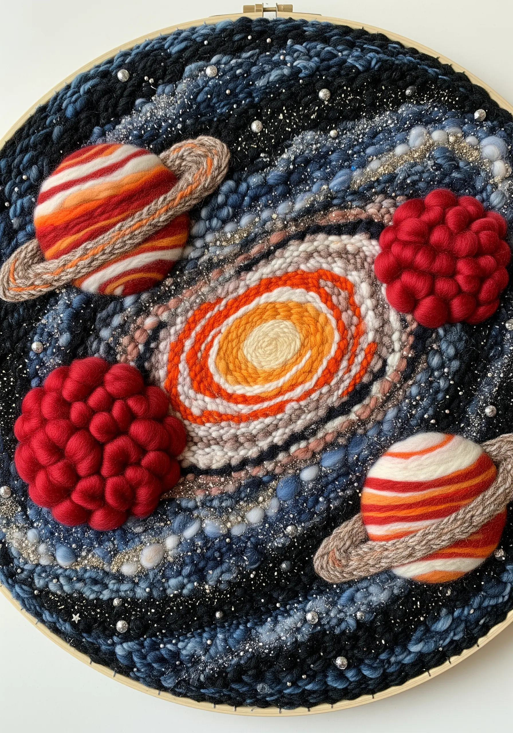 A circular weaving of a galaxy with textured planets, a swirling center, and silver beads.