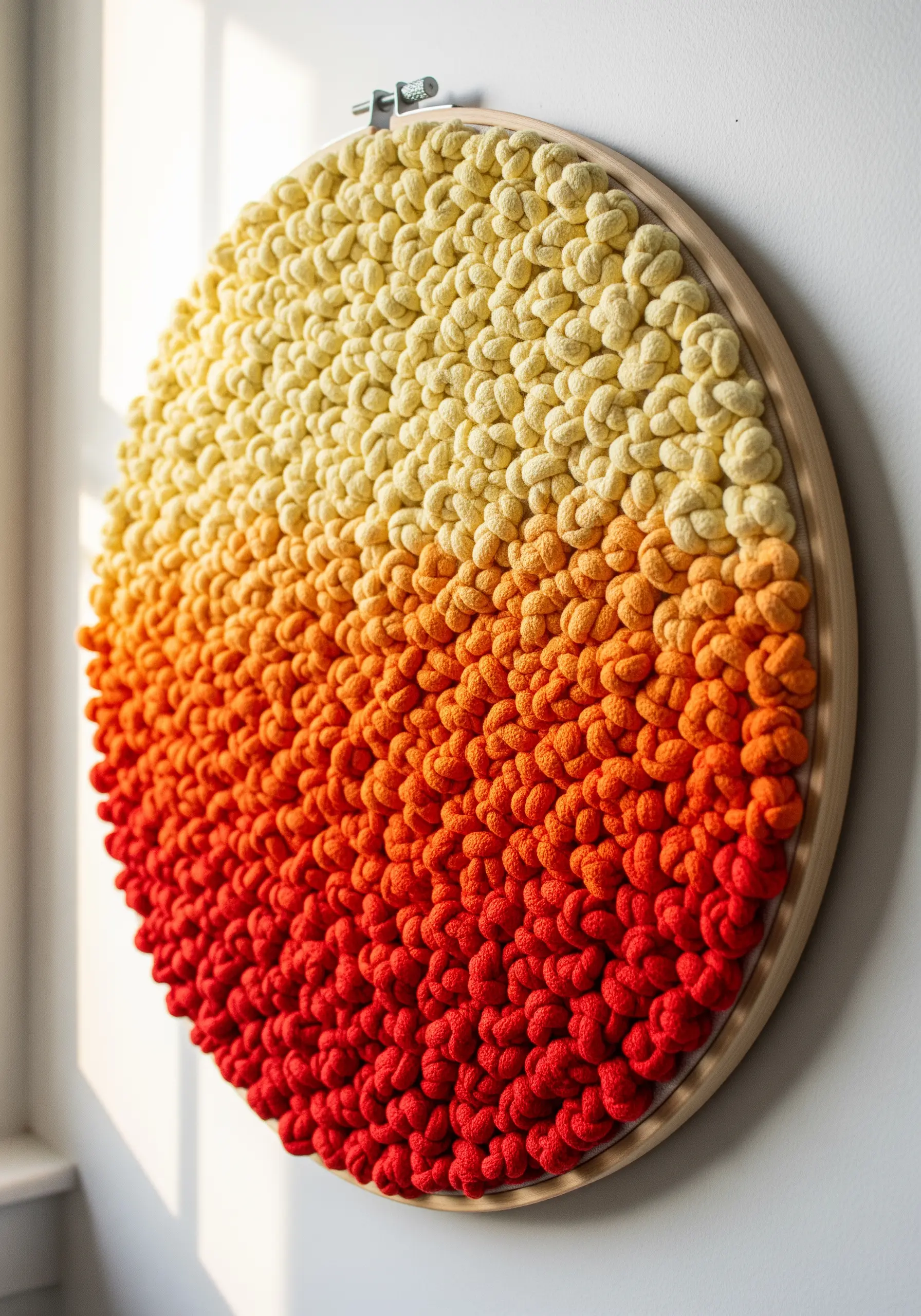 A close-up of an embroidery hoop filled with a gradient of textured knots from yellow to orange to red.