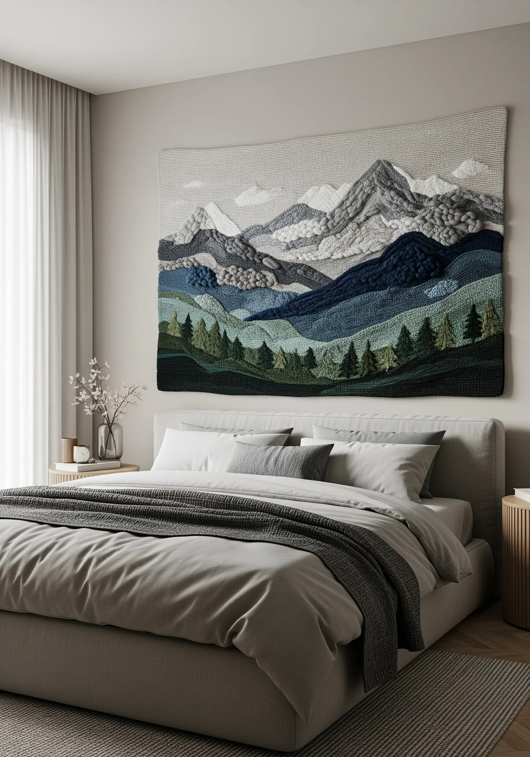Large tapestry of a mountain range using varied textures for different landscape layers.