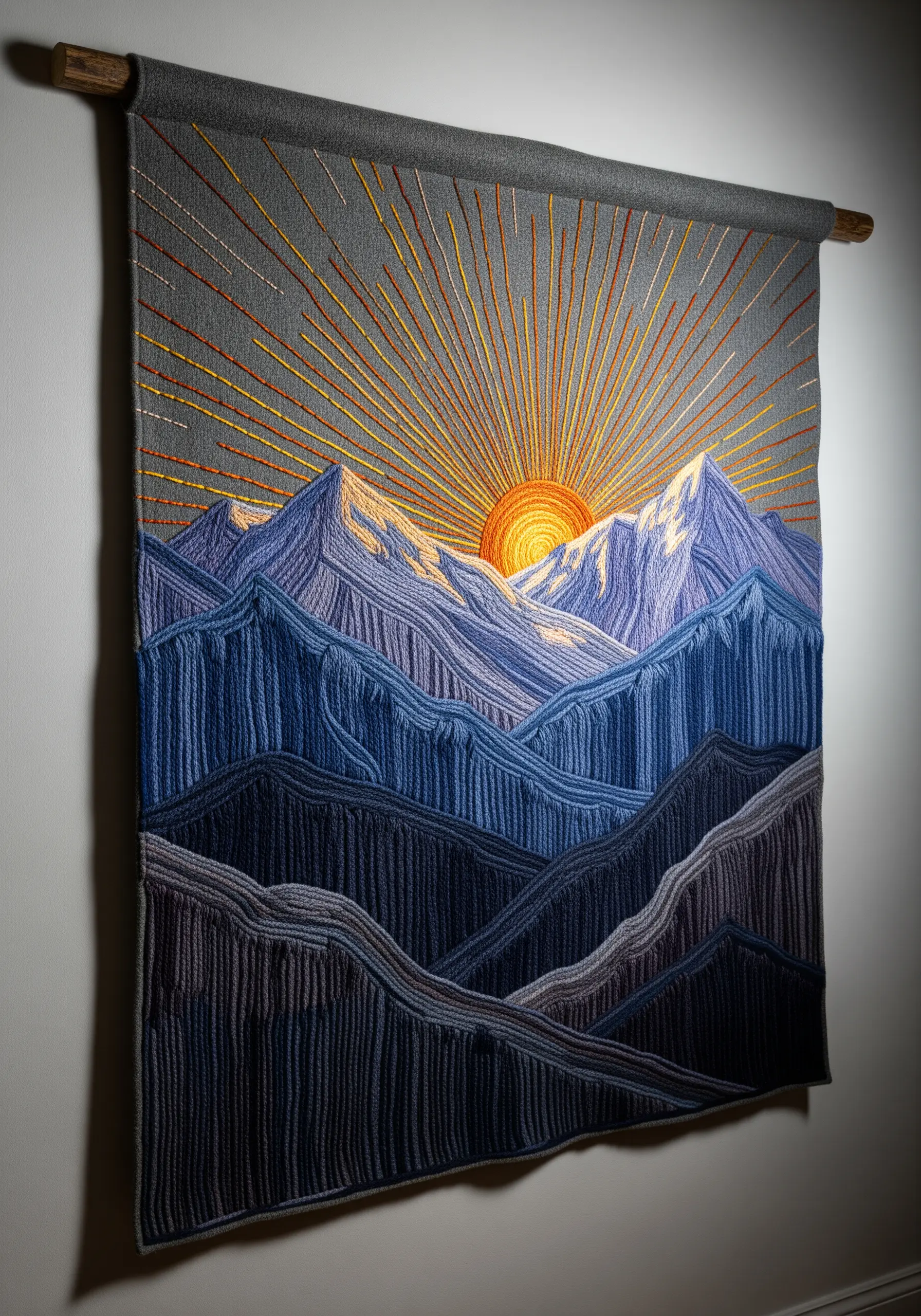A large embroidered wall hanging of a mountain sunrise, stitched with thick, colorful yarn.