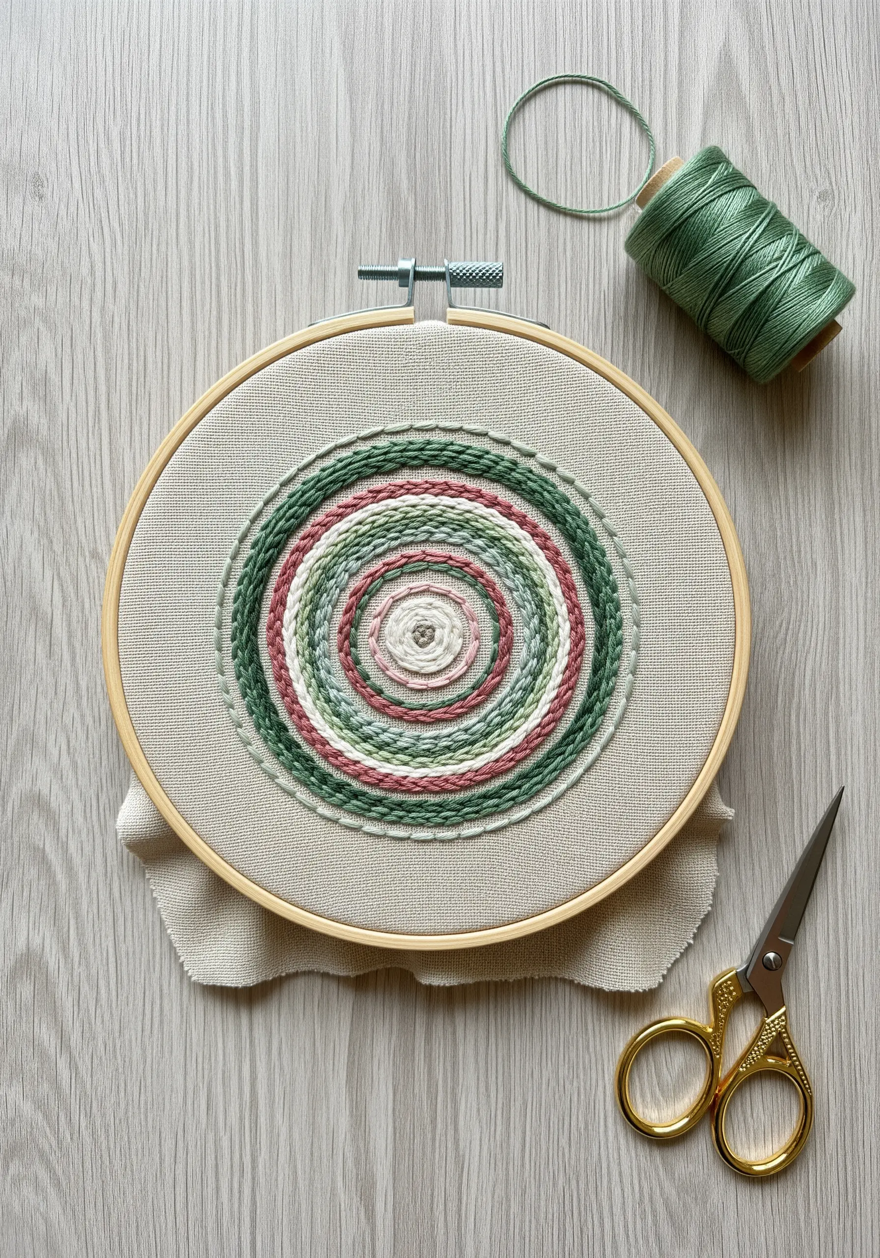 Concentric circles of whipped backstitch in green, pink, and white on a neutral fabric.