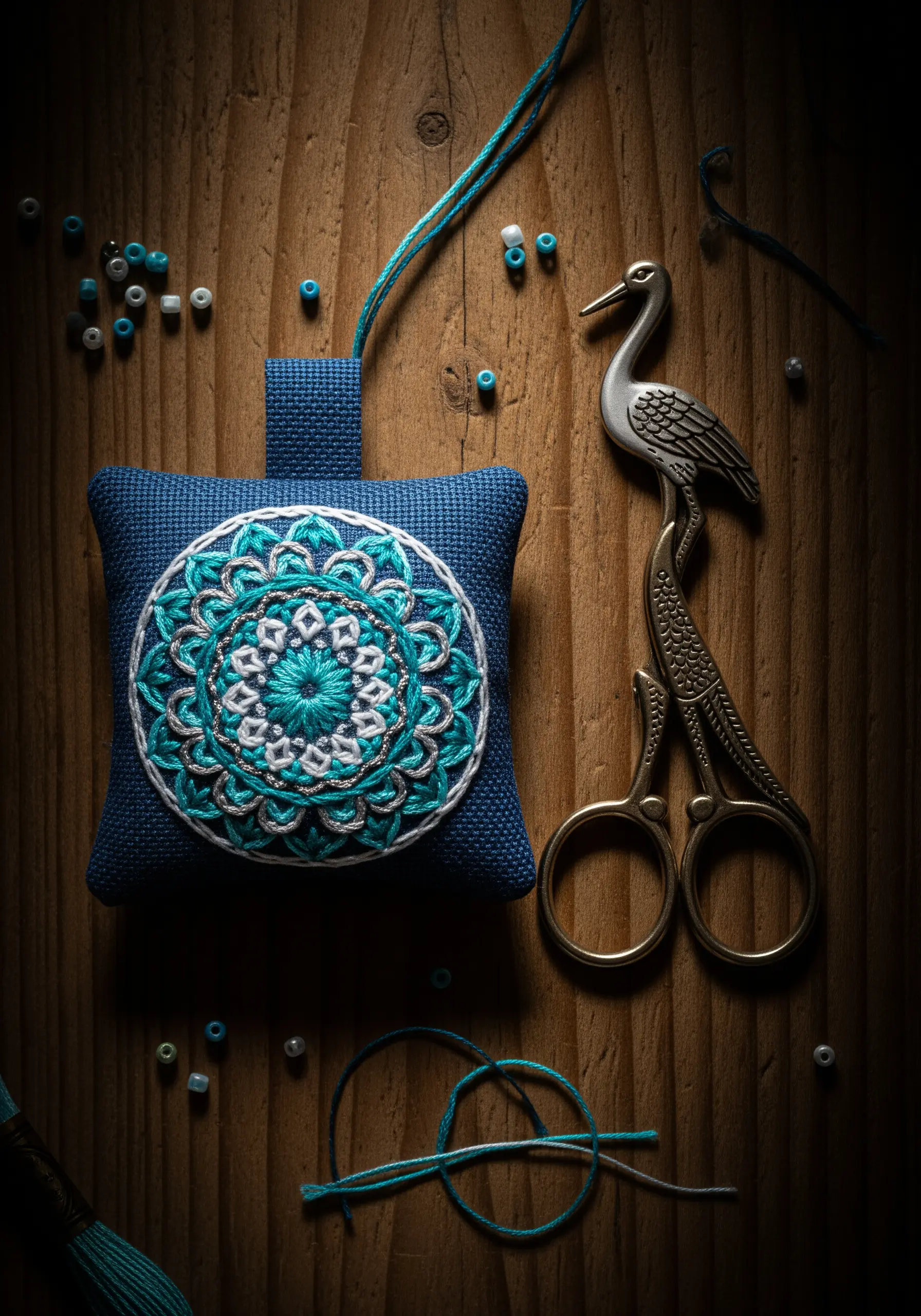 A small blue pillow sachet featuring an embroidered mandala in white and teal