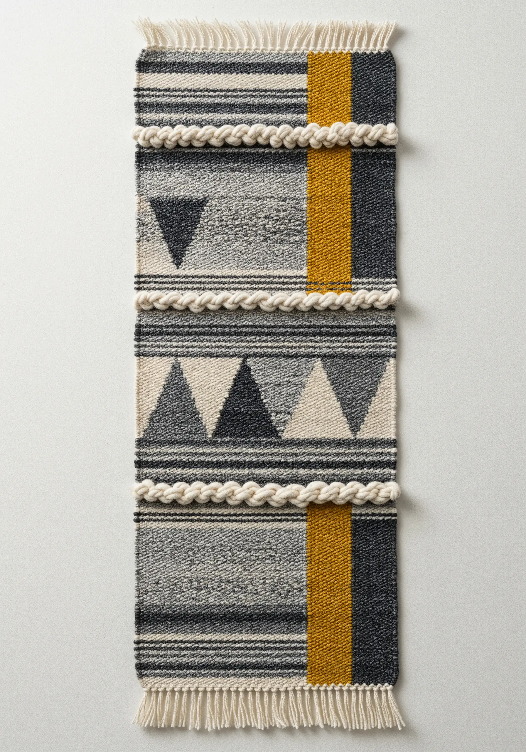 A narrow woven wall hanging with geometric patterns and thick, raised braids in neutral tones.