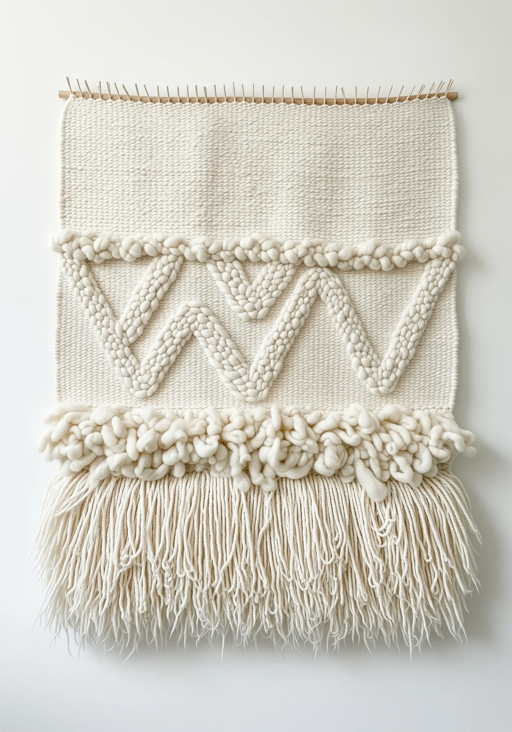Monochrome woven wall hanging in cream, featuring flat weave, pile, and raised chevrons.