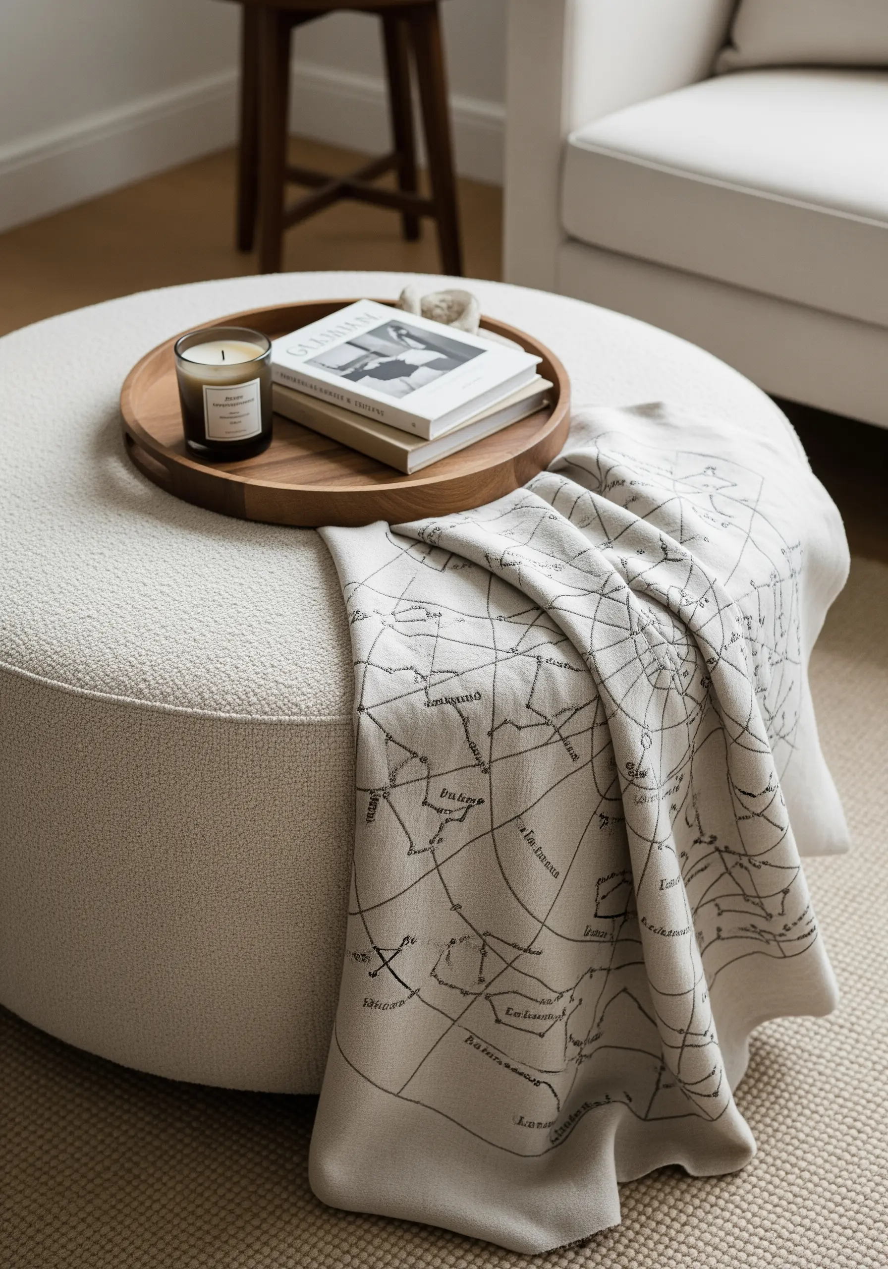 Fine-line map-like design embroidered in dark thread on a light neutral throw