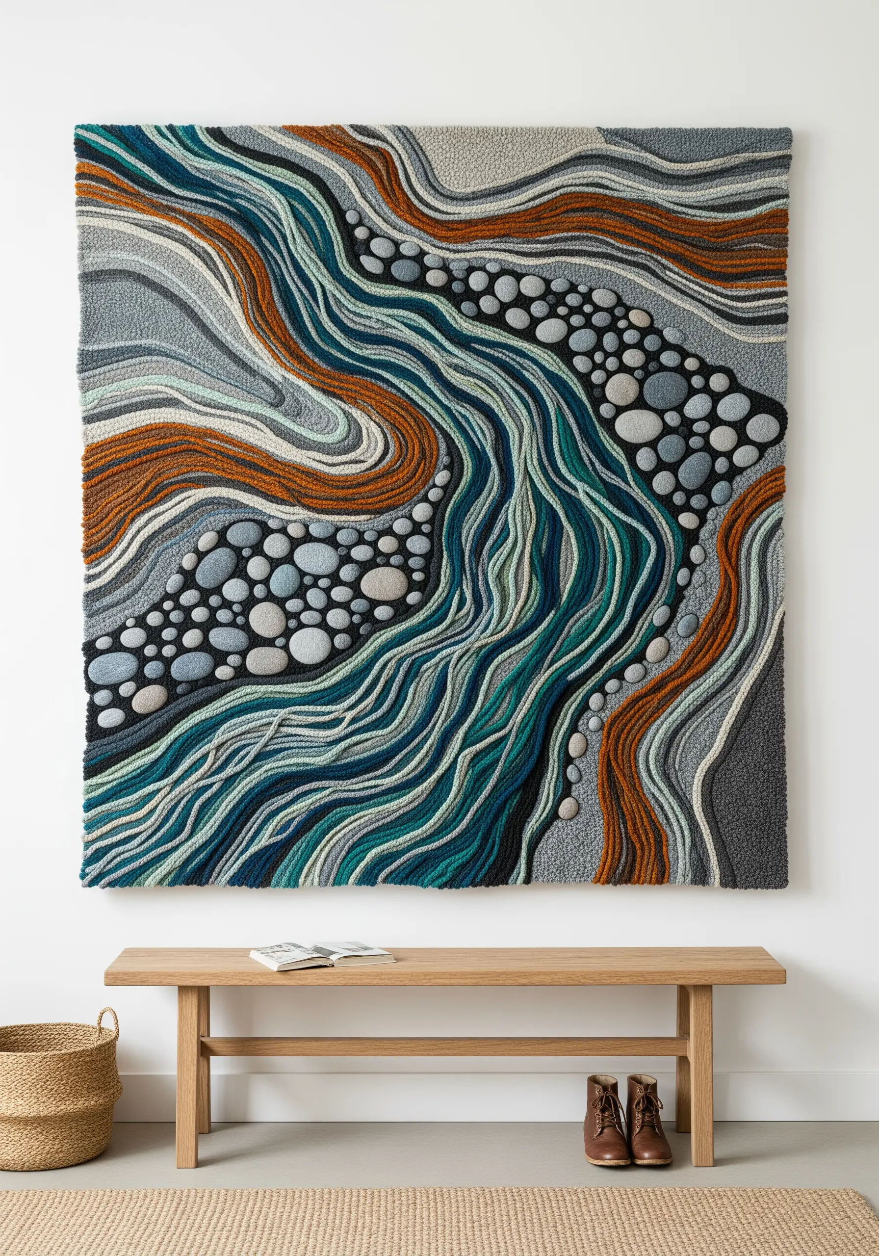 Large abstract textile wall art depicting a river with flowing lines and 3D stones.
