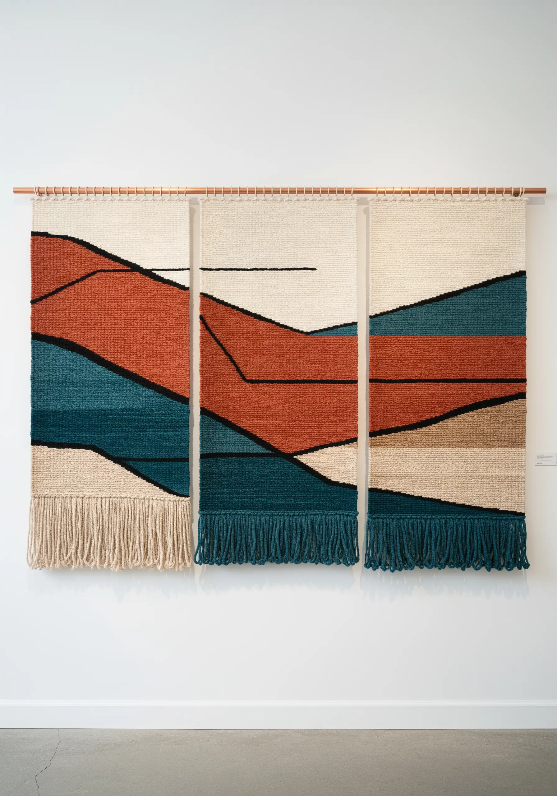 A large triptych wall hanging with woven abstract mountain-like shapes in rust, teal, and cream.