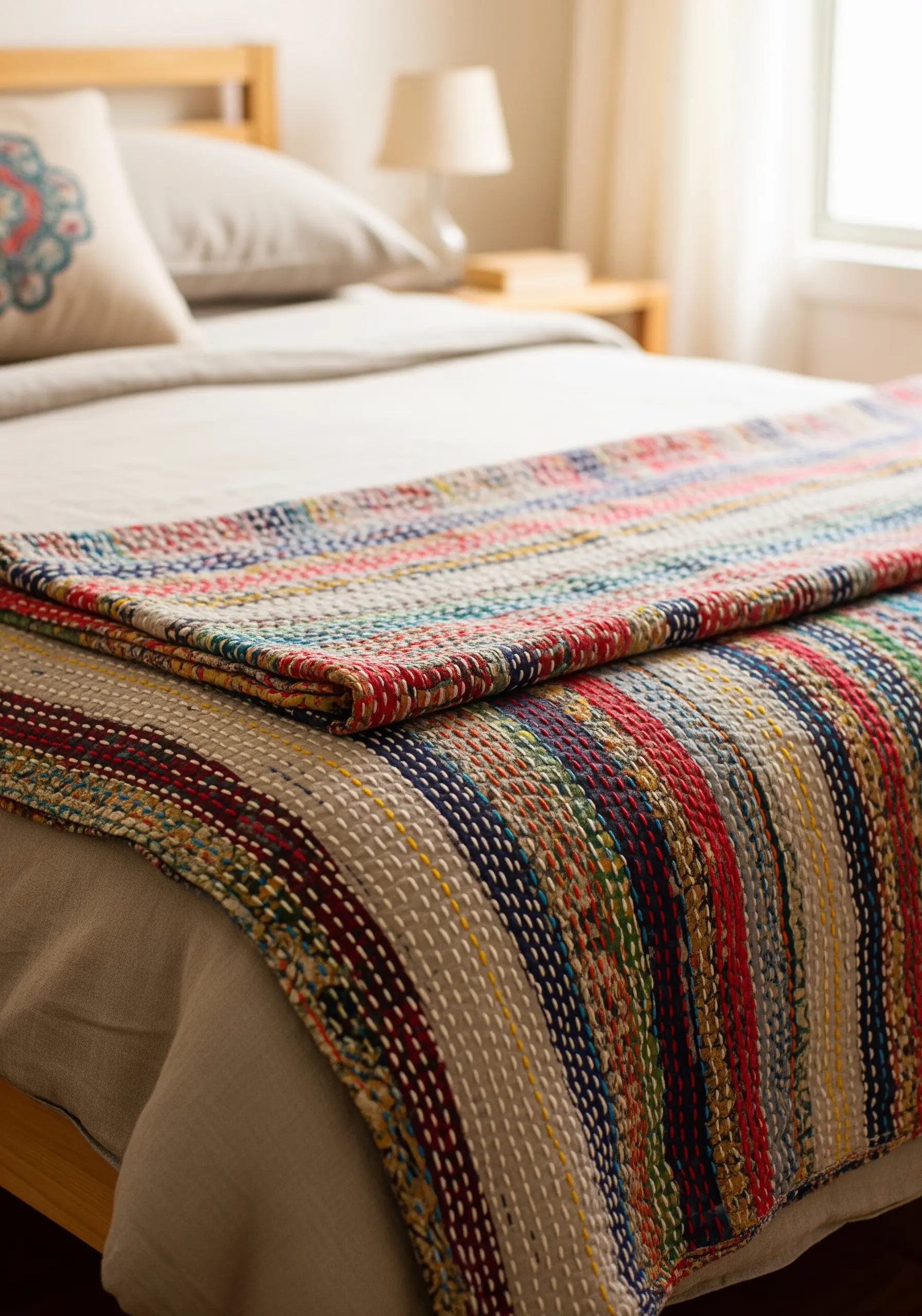 A colorful bed runner made with Kantha-style running stitches over layered fabric scraps.