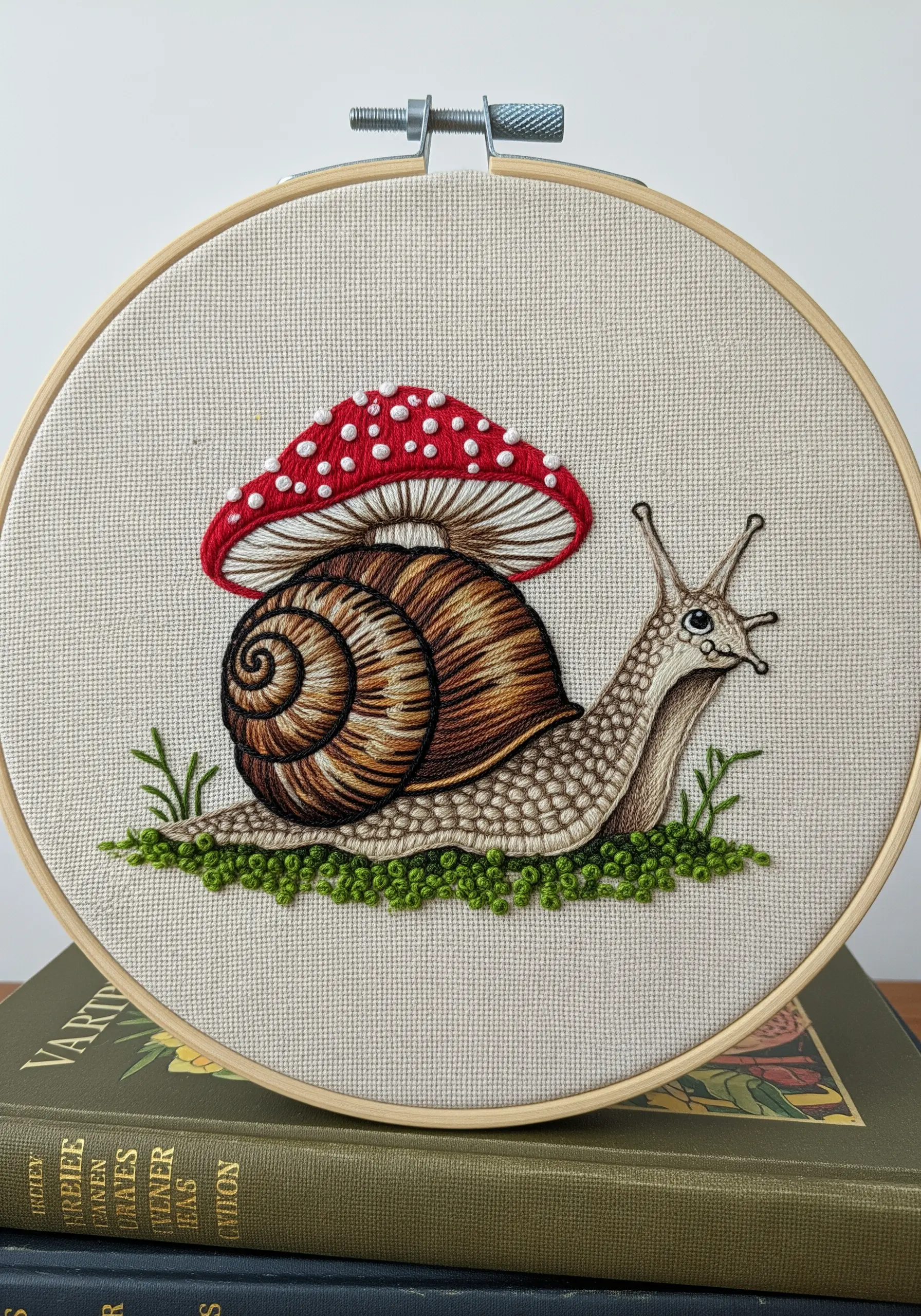 A detailed embroidery of a snail carrying a red fly agaric mushroom as its shell.