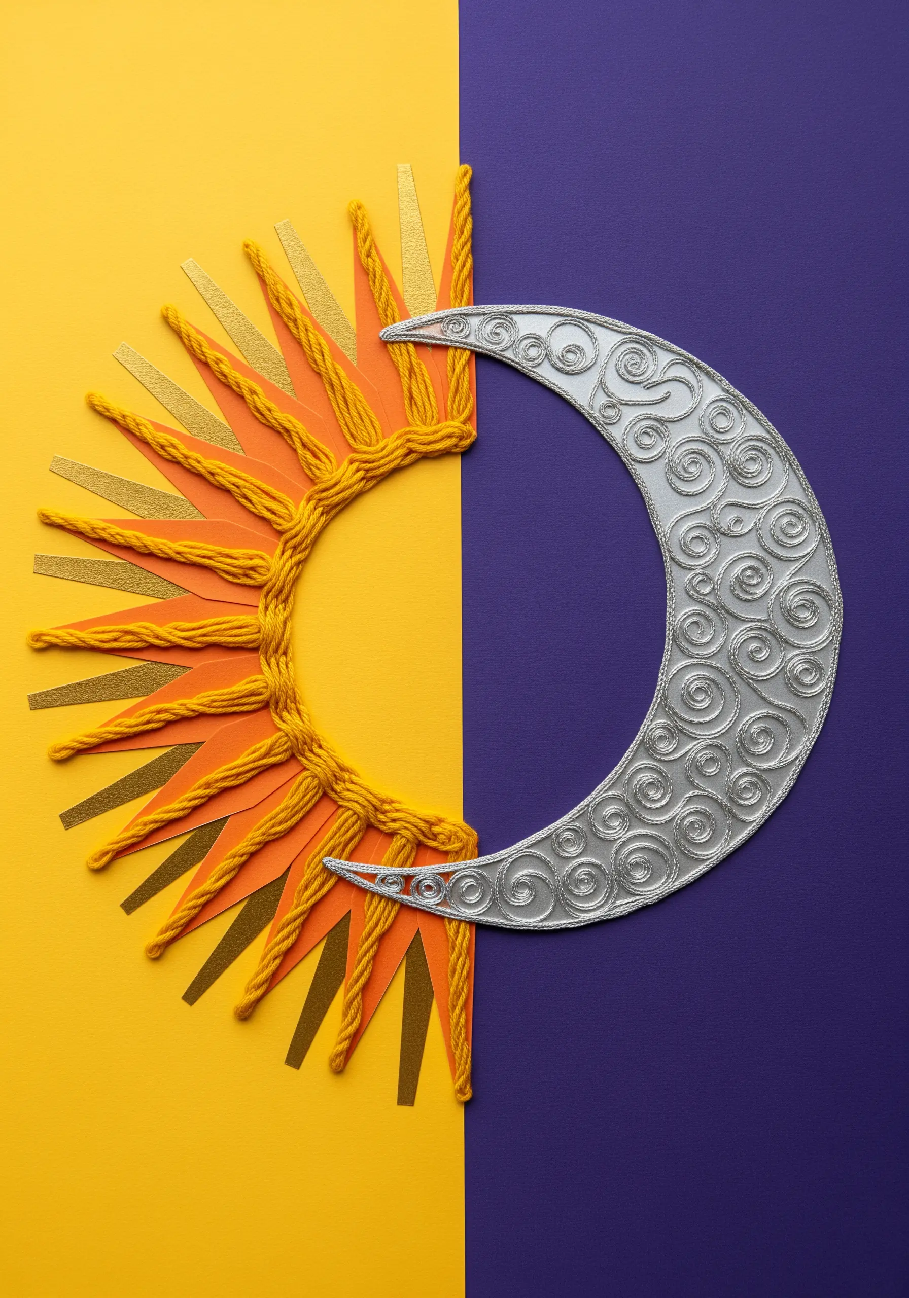 A collage showing a split design: a woven yarn sun on a yellow background and a silver moon on purple.