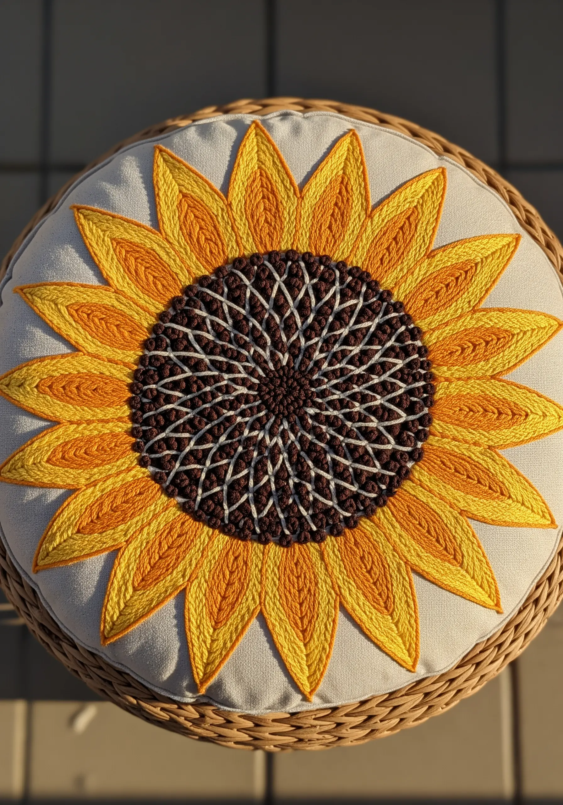 A vibrant sunflower embroidery with long petal stitches and a woven lattice center on a round cushion.