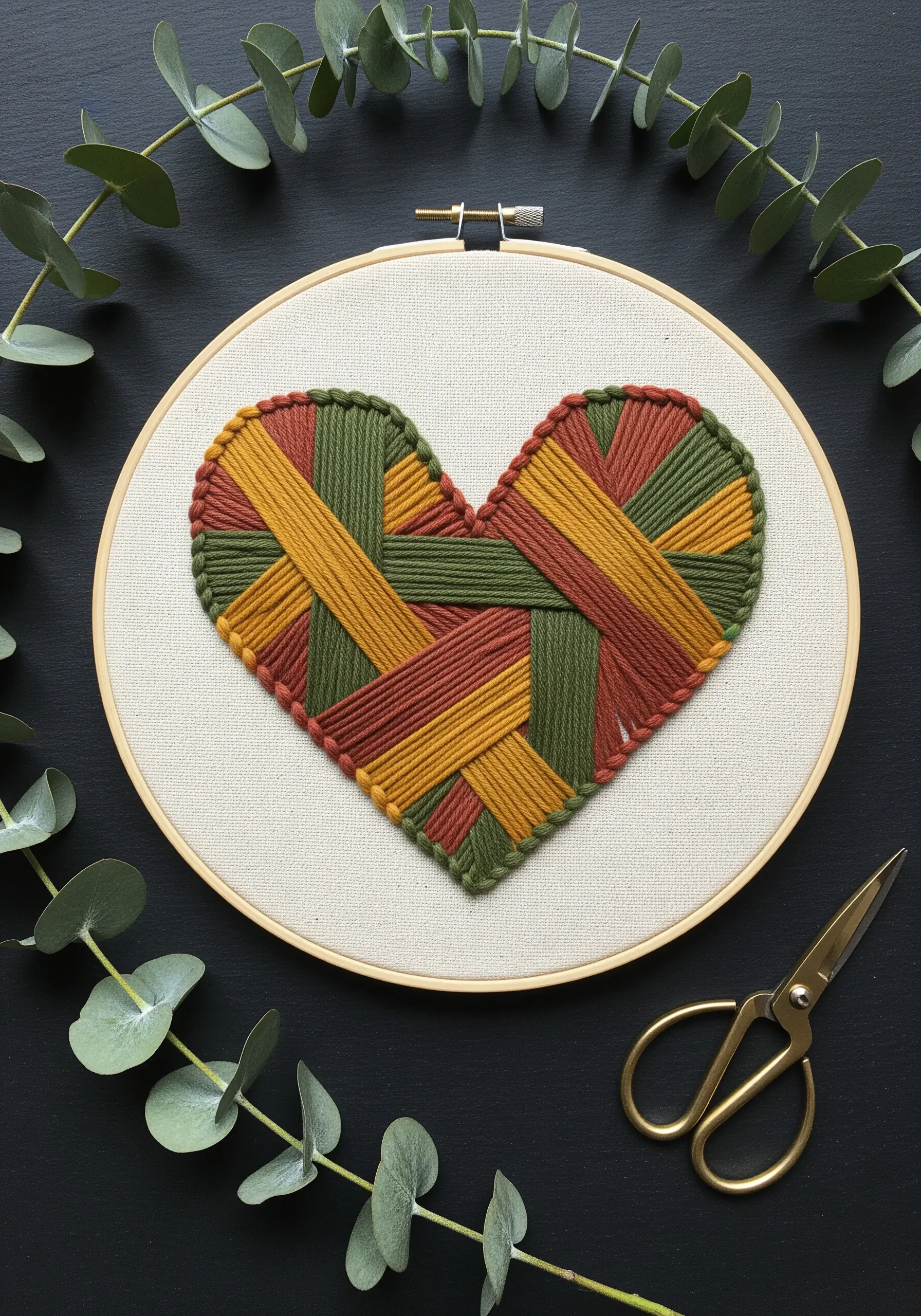 A heart filled with a woven pattern of green, yellow, and rust-colored threads.