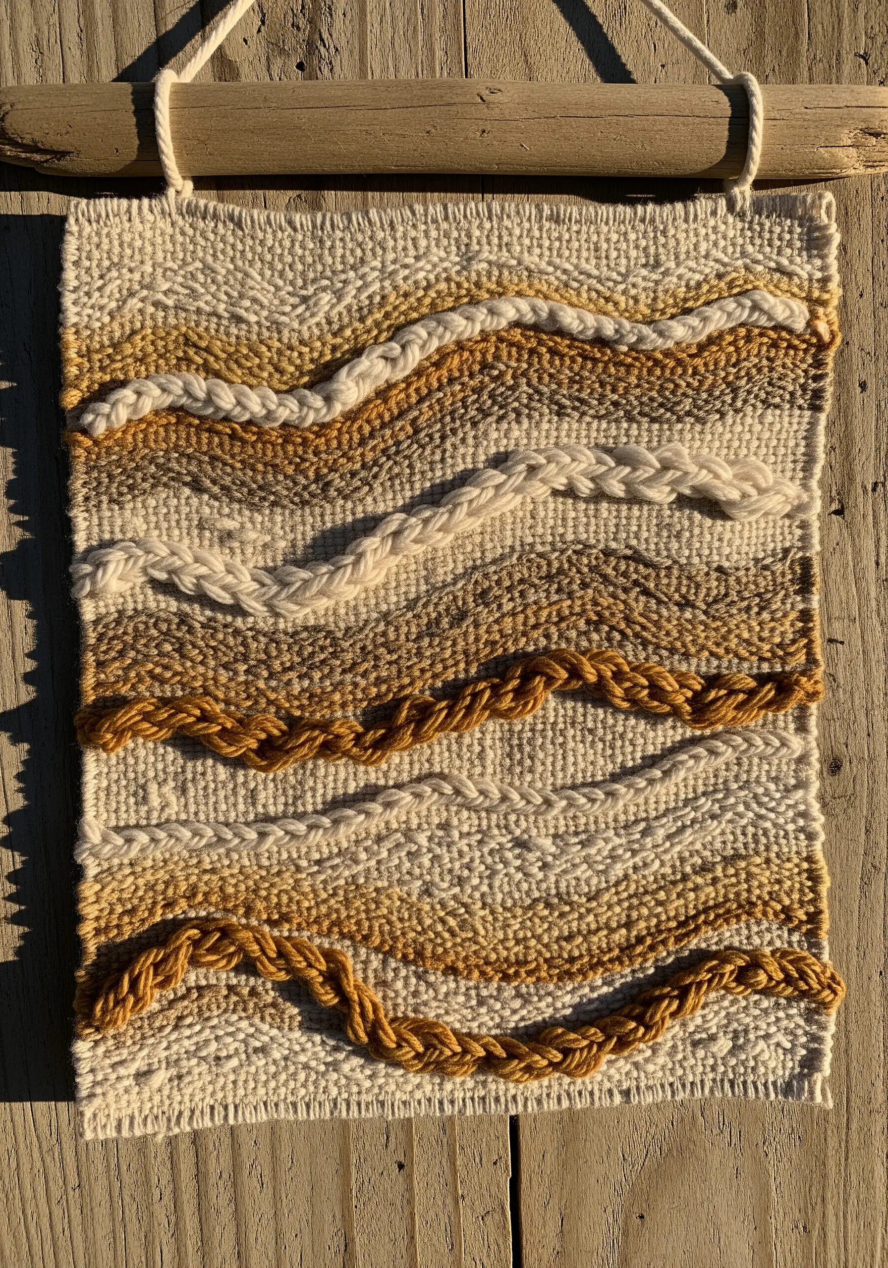 Woven wall hanging with braided and textured yarns in shades of ochre, cream, and brown.