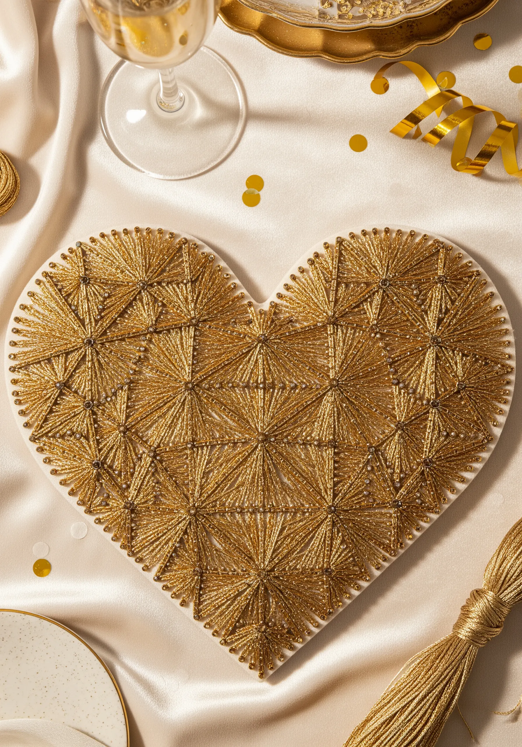 A heart filled with an intricate, tessellated pattern of gold metallic thread starbursts.