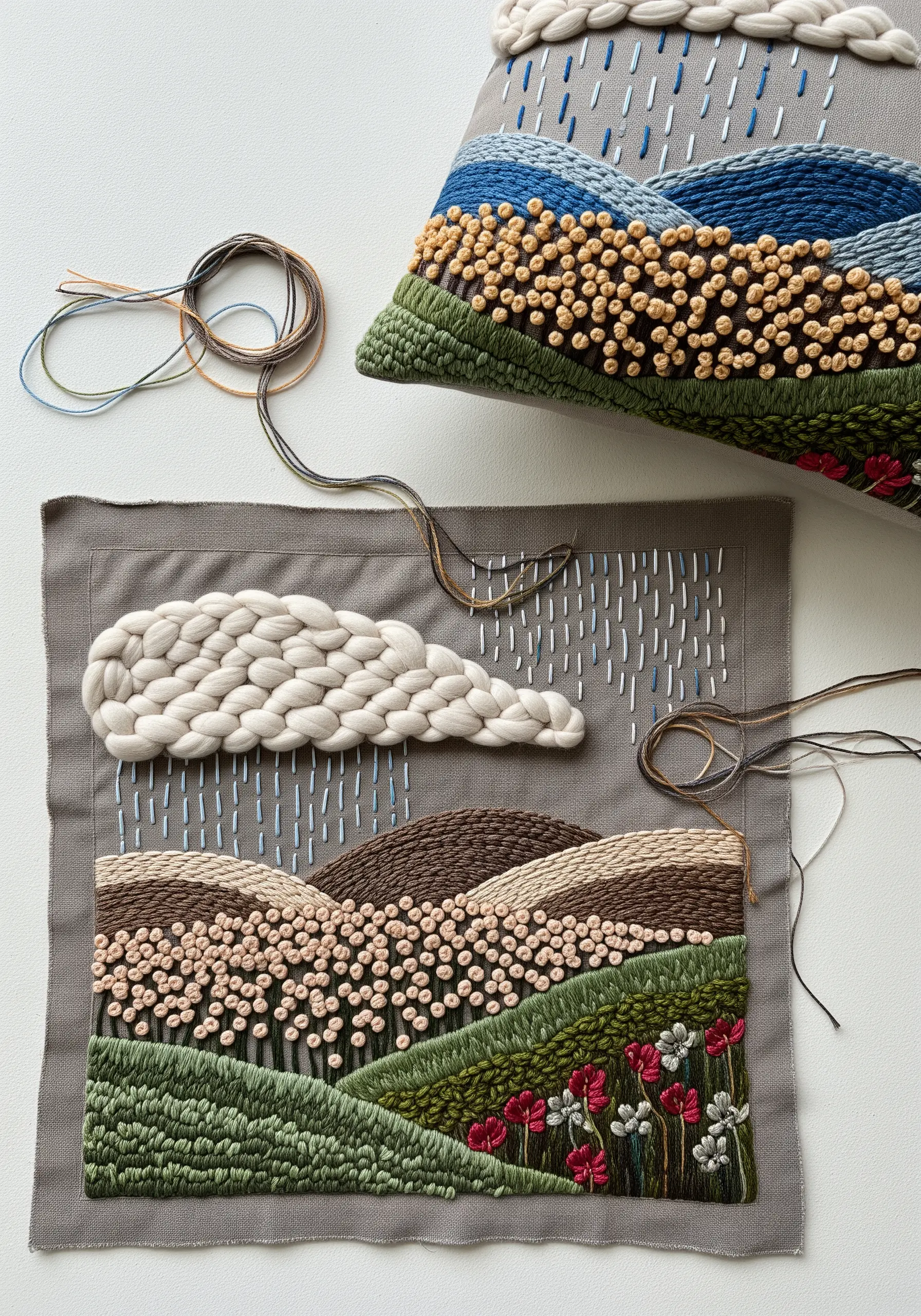 A highly textured embroidered landscape pillow with woven clouds and dense French knots.