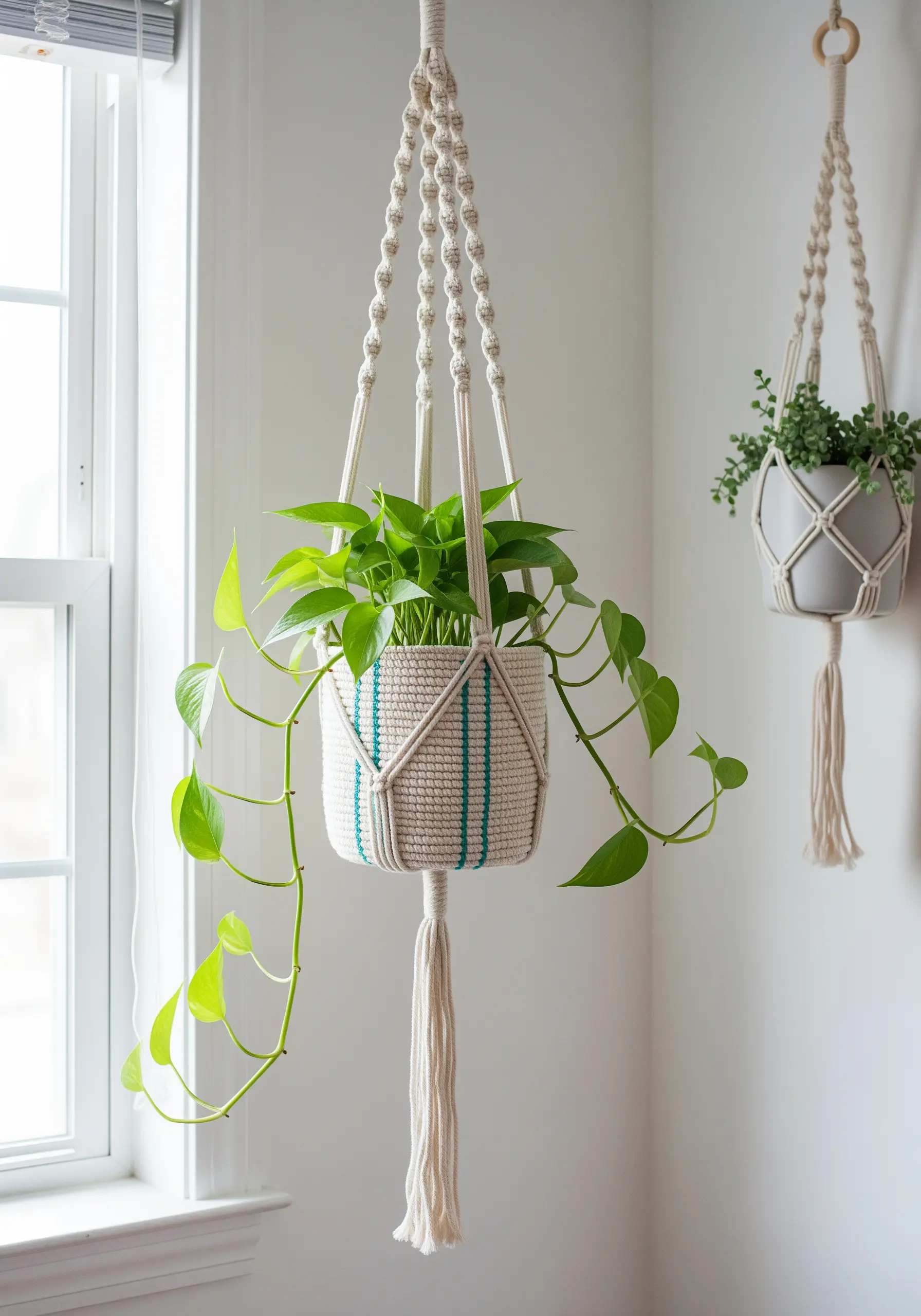 Macrame plant hanger with vertical teal embroidered stripes on the woven pot holder.