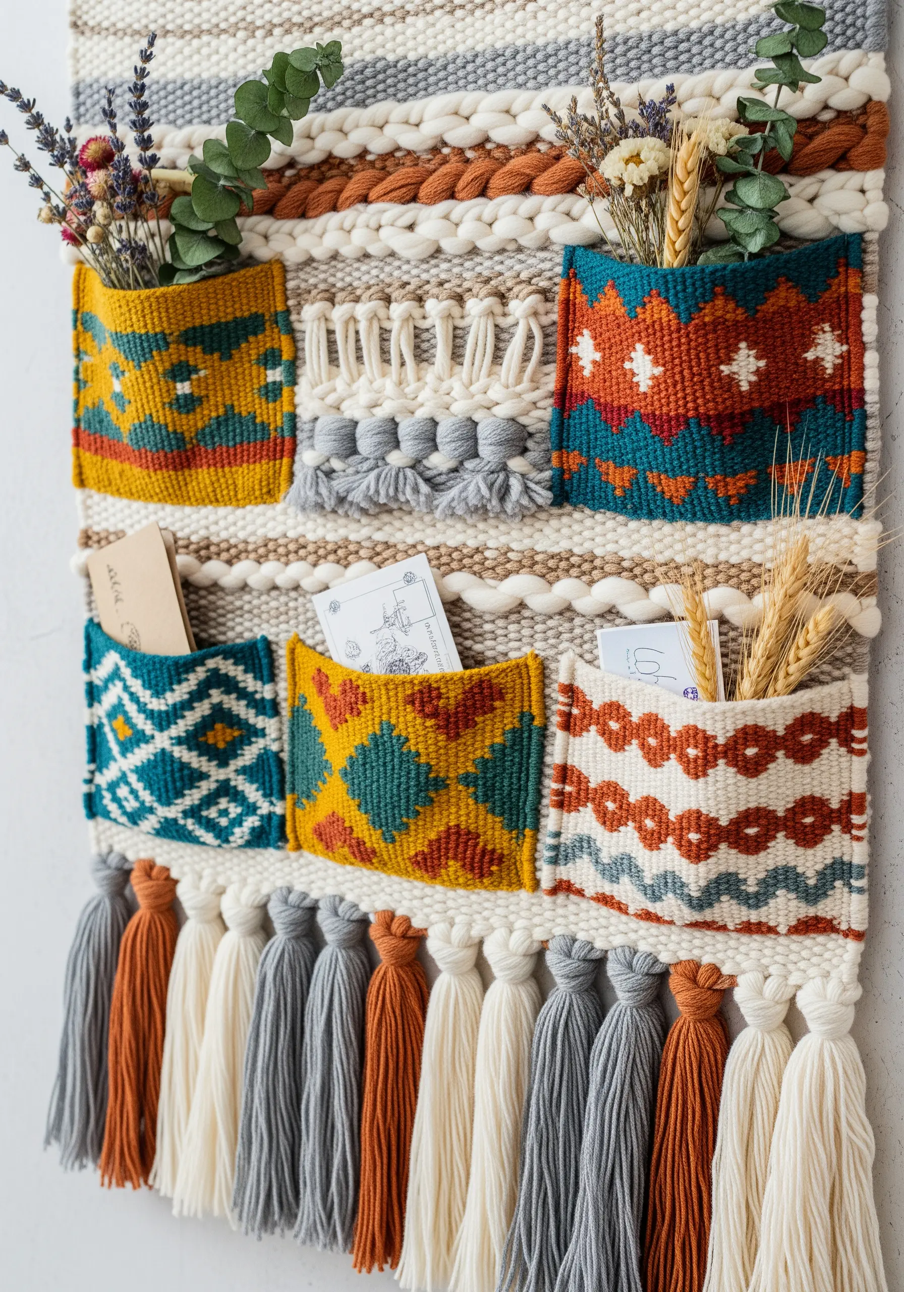 A woven wall hanging with multiple small pockets in geometric patterns, holding letters and flowers.