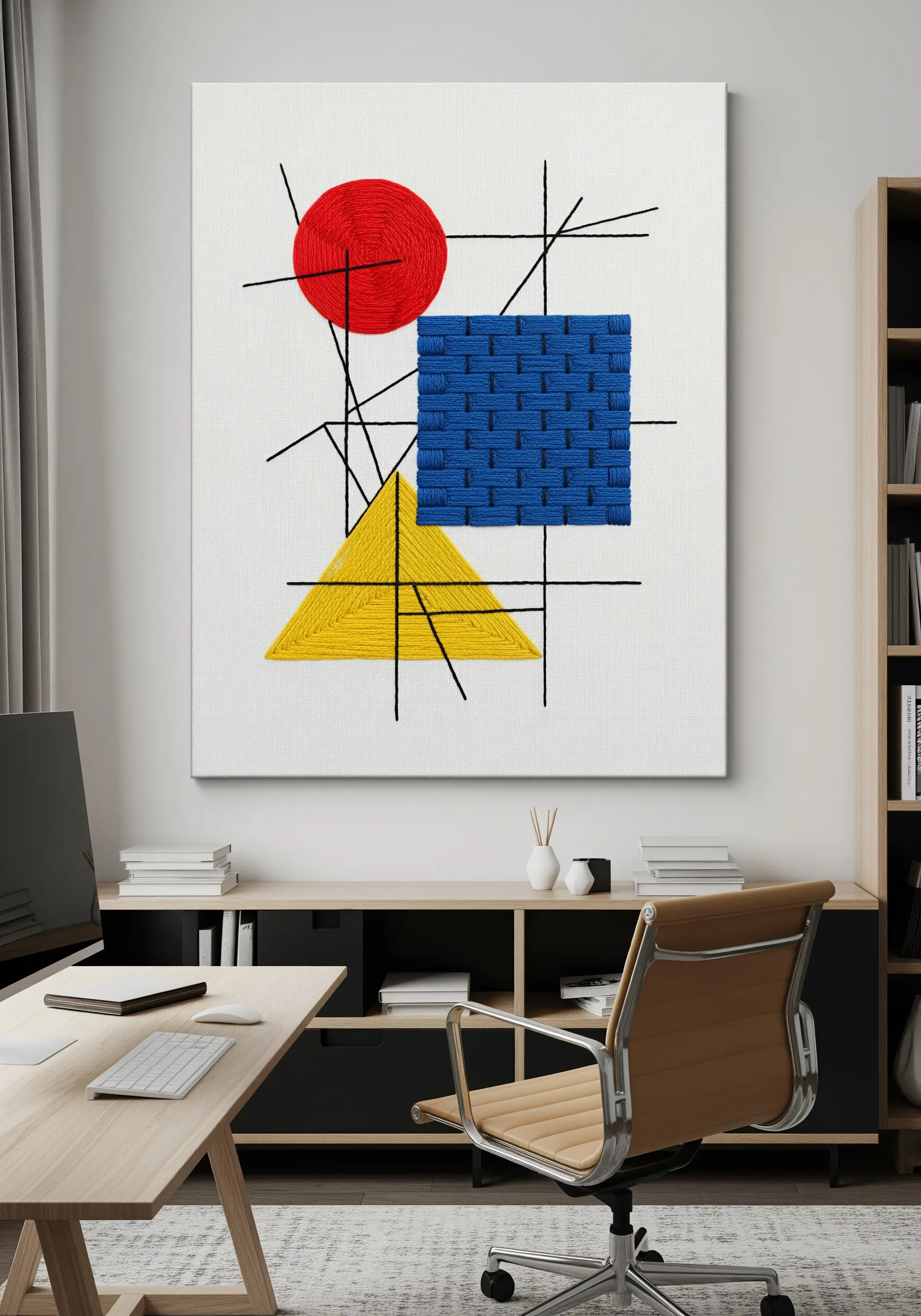 Modern geometric embroidery on canvas with a red circle, blue square, and yellow triangle.