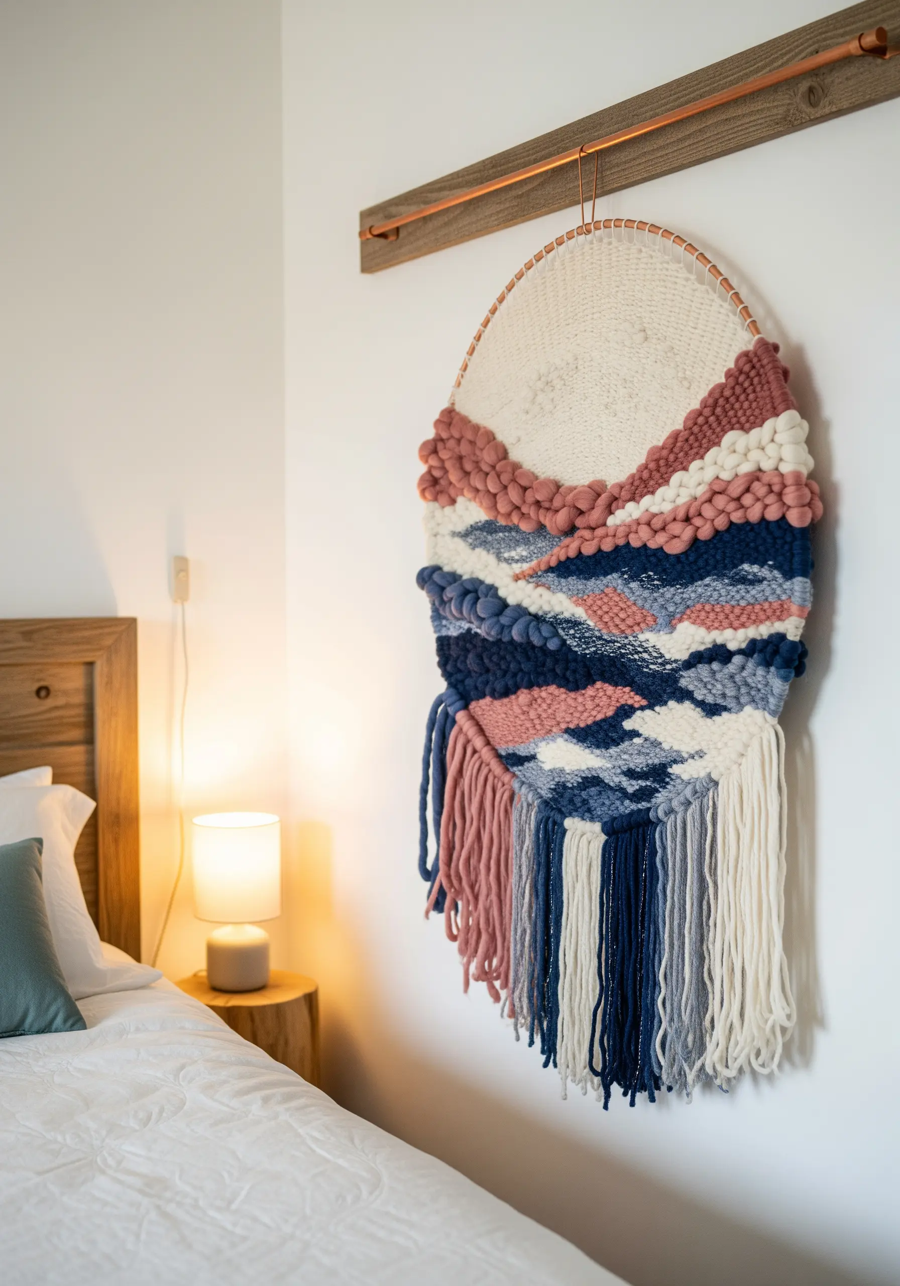 Woven wall hanging with pink, blue, and cream yarn textures creating an abstract landscape.