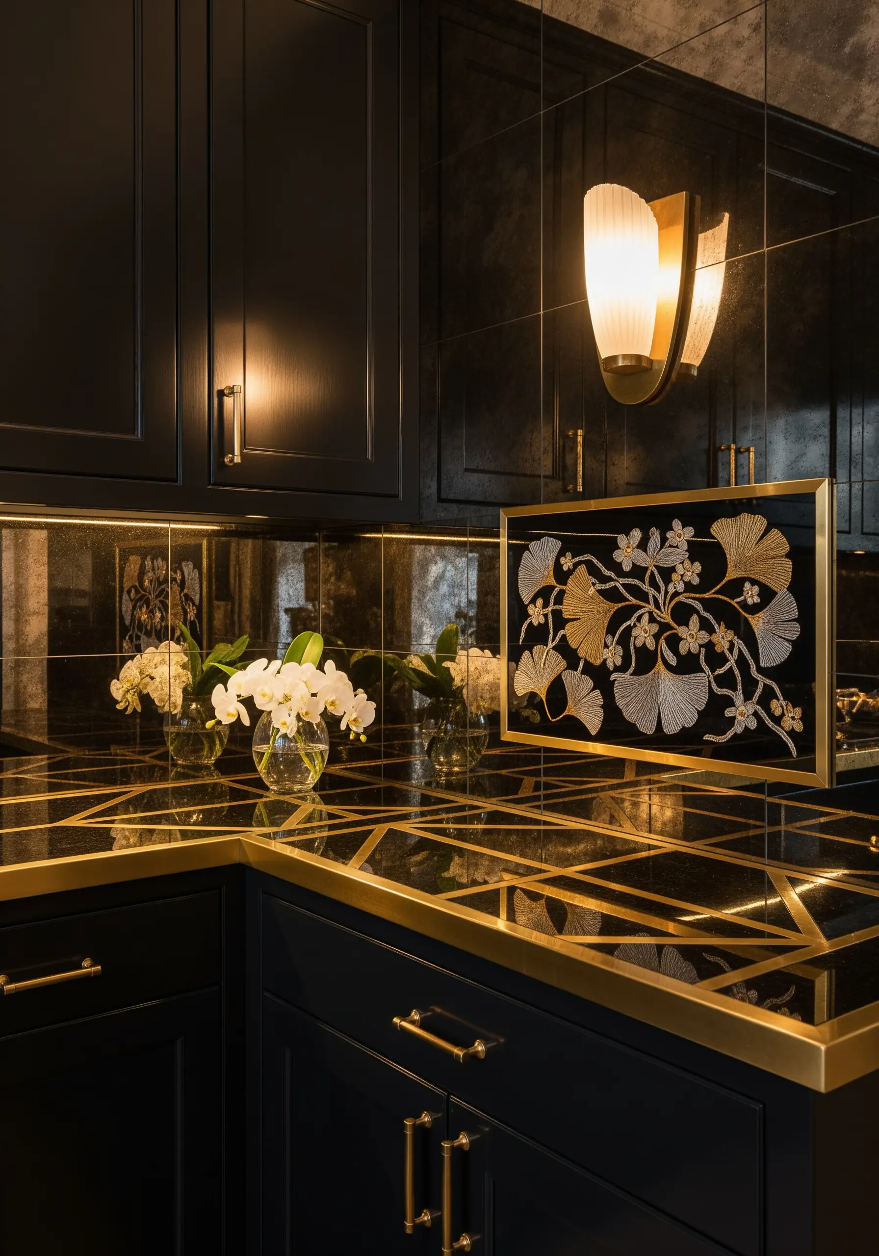 Gold and silver metallic thread embroidery of ginkgo leaves on black fabric in a modern kitchen.