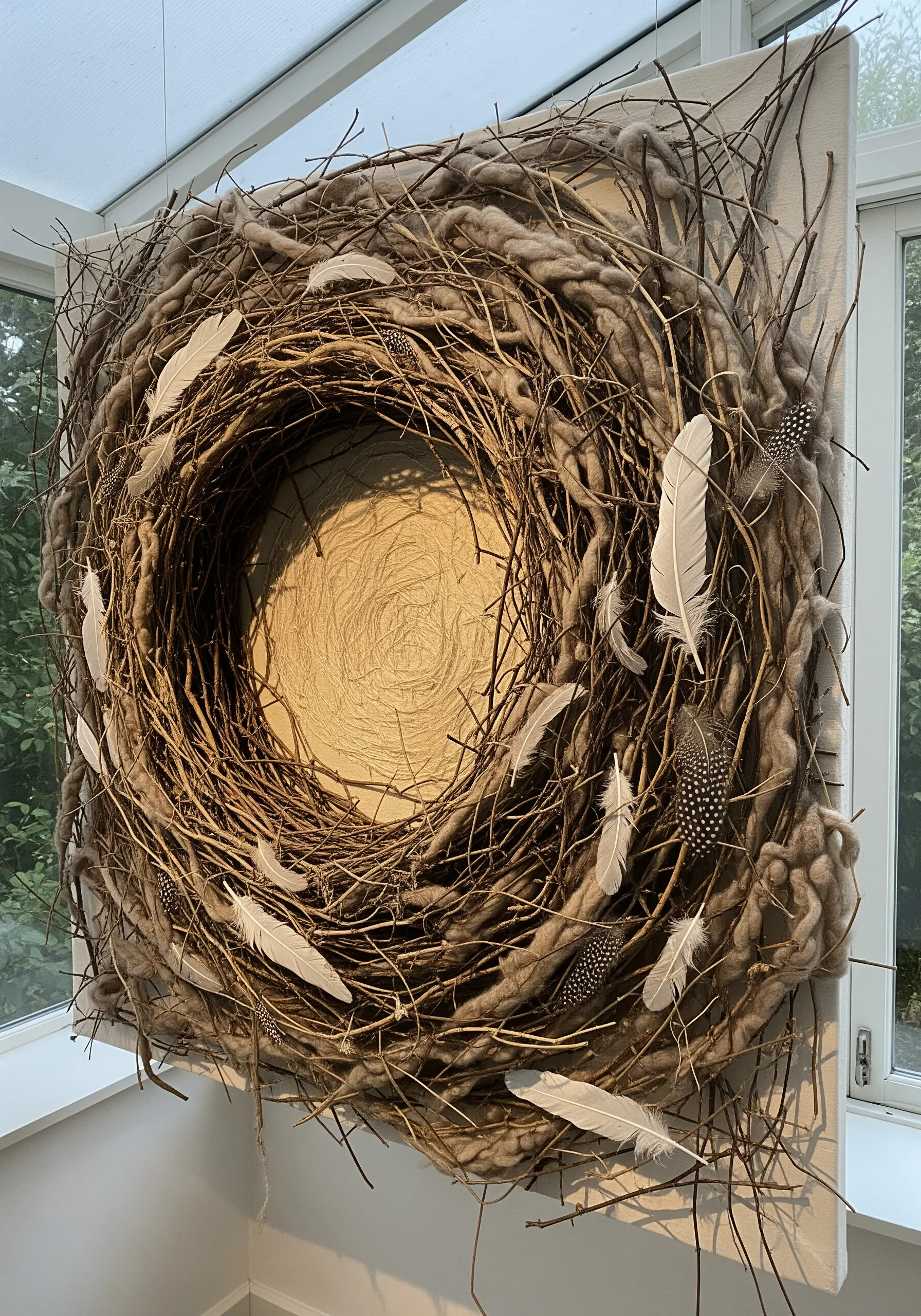 A large, sculptural fiber art piece resembling a bird's nest, woven with twigs, wool, and feathers.