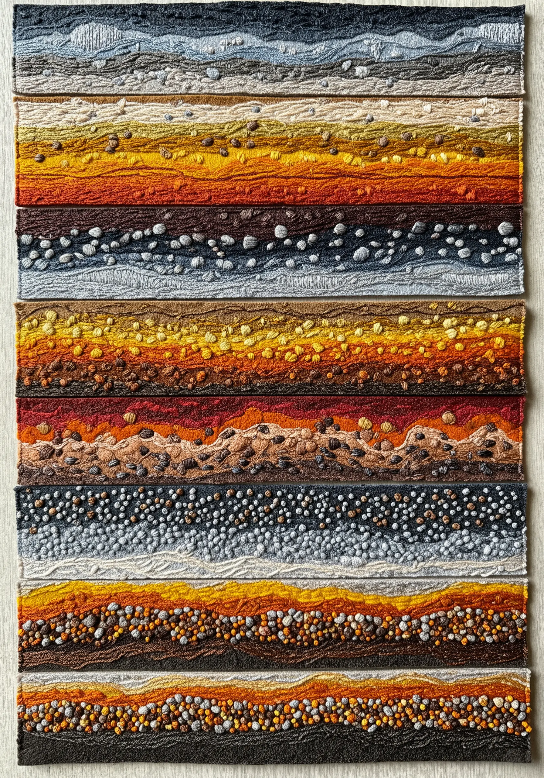 A long, rectangular wall hanging with horizontal layers of textured embroidery in earth tones.
