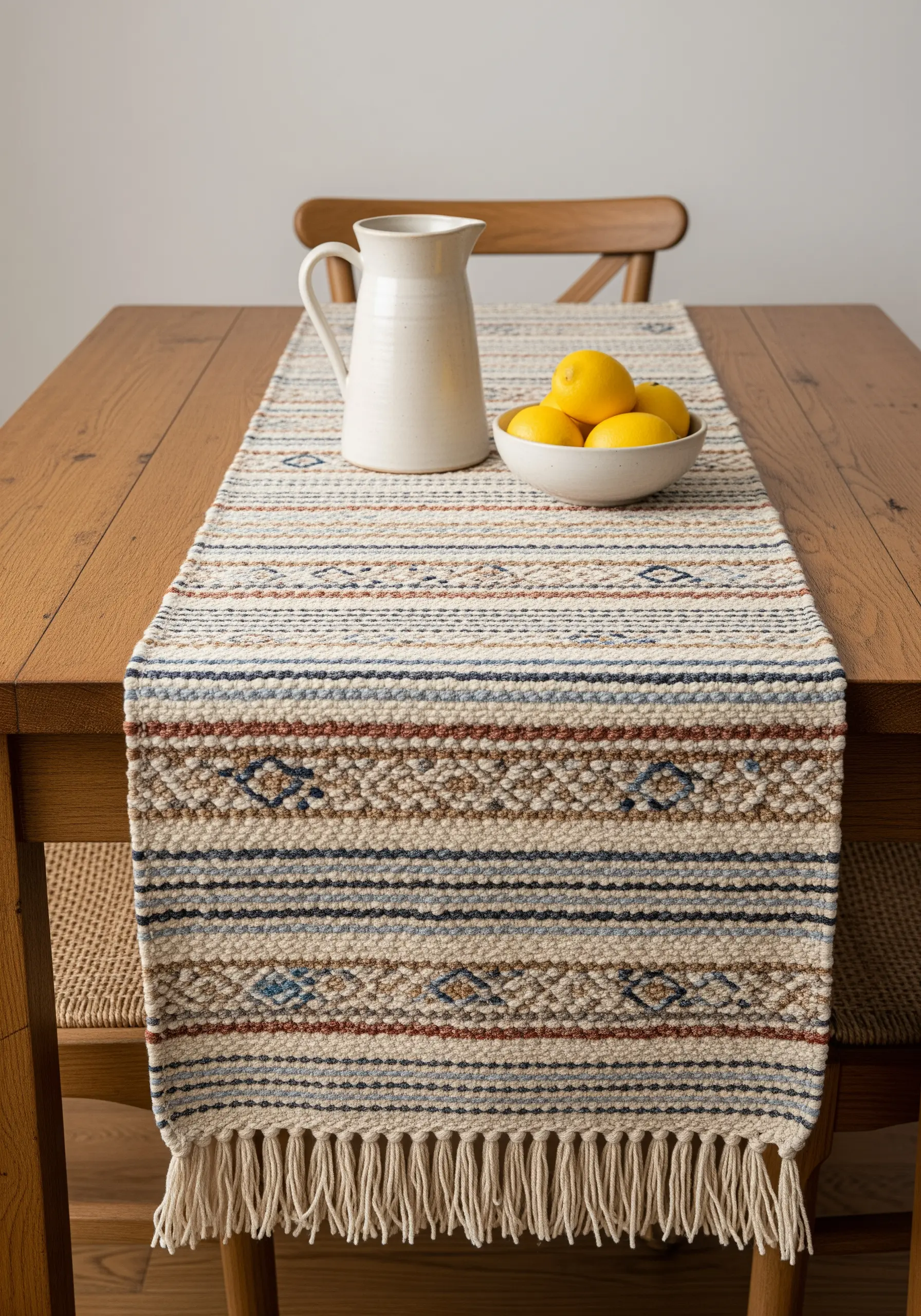 A woven table runner with neutral colors and subtle geometric patterns.